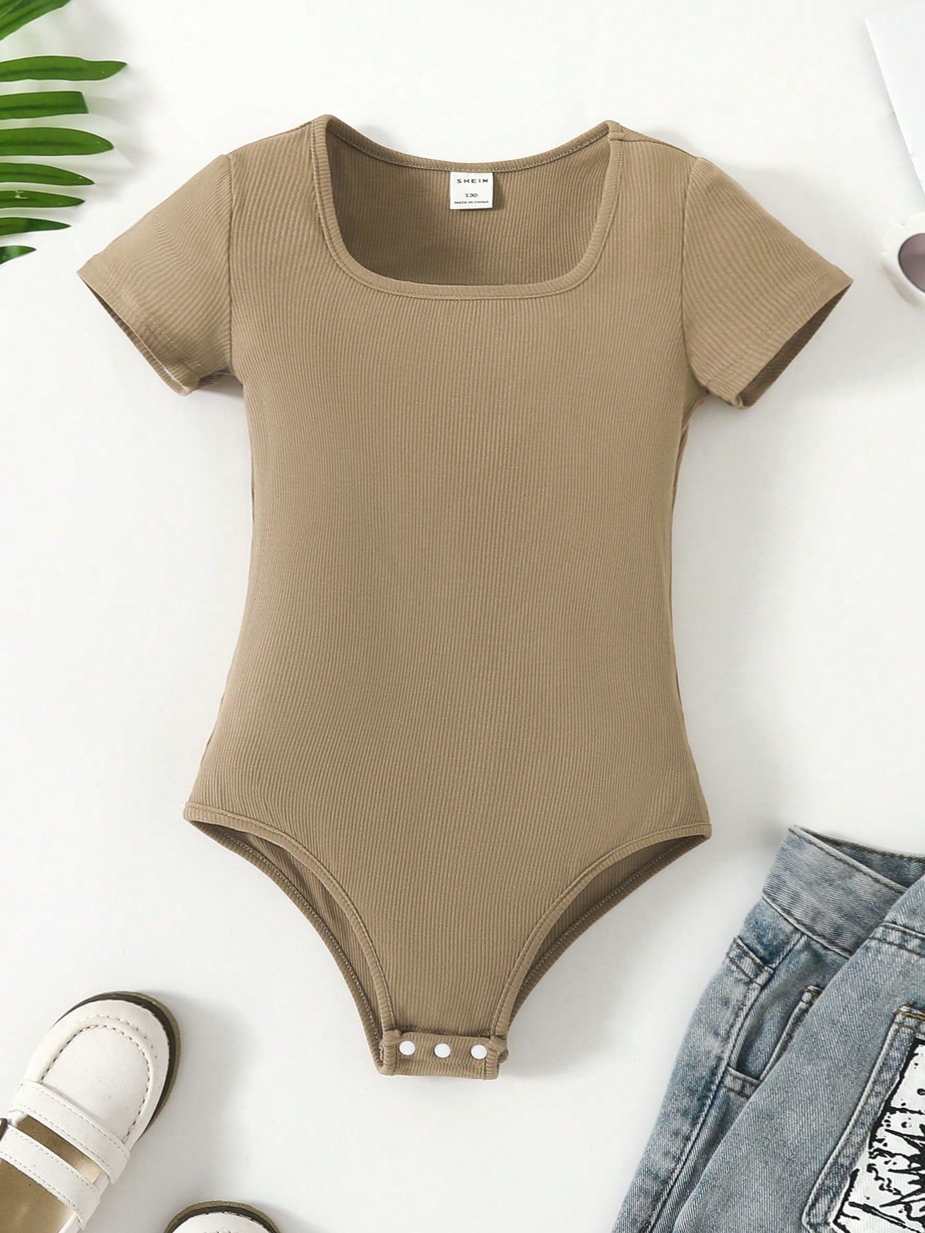 Tween Girl Knitted Ribbed Brown Bodysuit, Y2K Style Suitable For Daily Wear