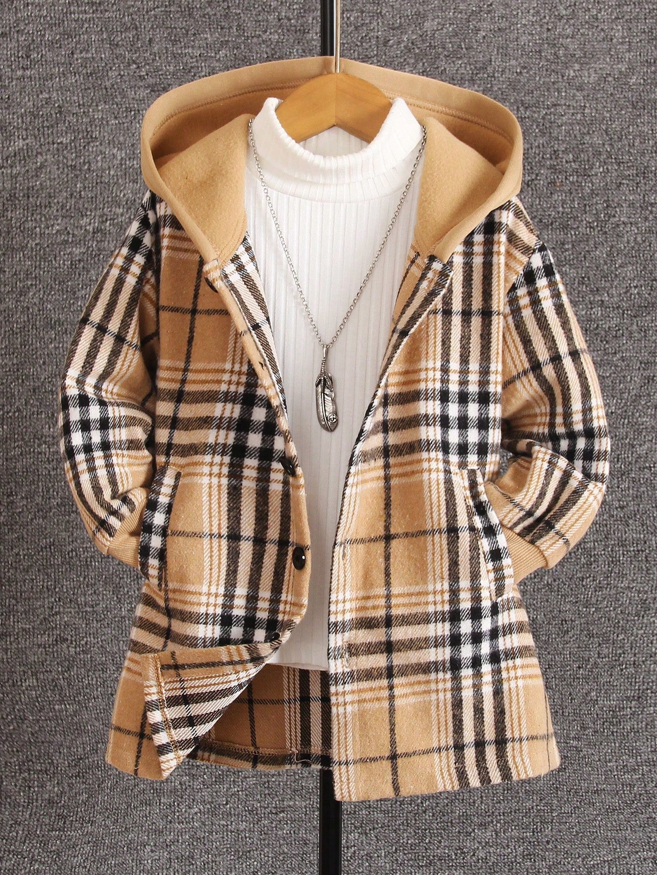 Young Boy Plaid Print Hooded Coat Without Sweater