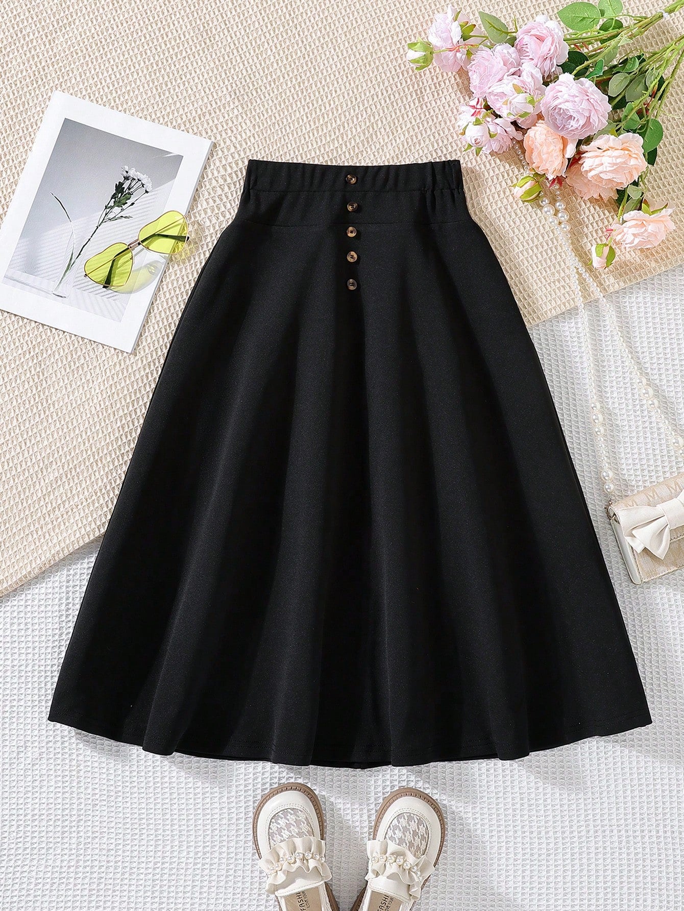 Tween Girl Button Design Skirt, Elegant Design, High Waist Button Decor, Loose Fit, Comfortable And Breathable