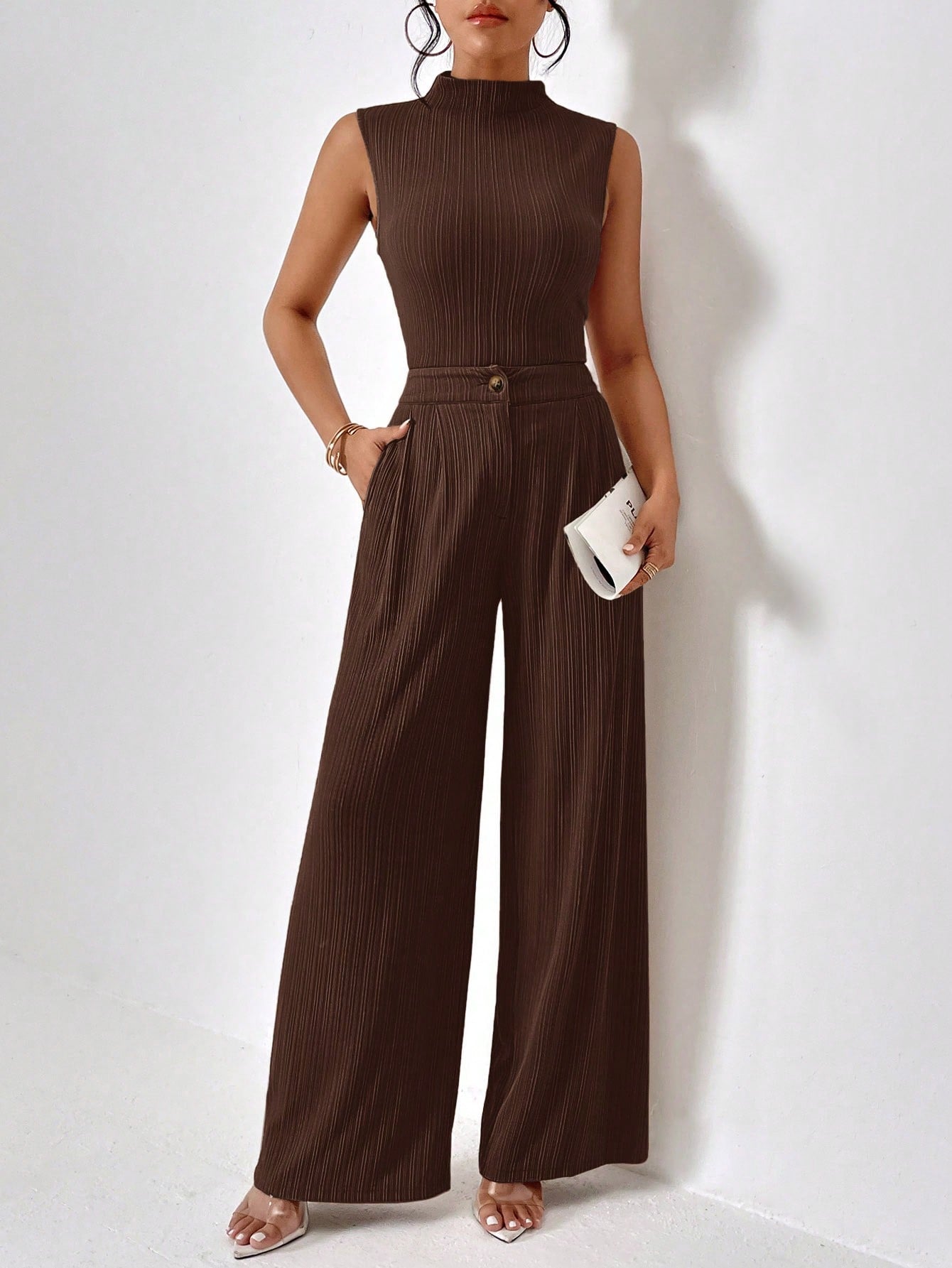 Women's Stand Collar Vest And Wide Leg Pants Set