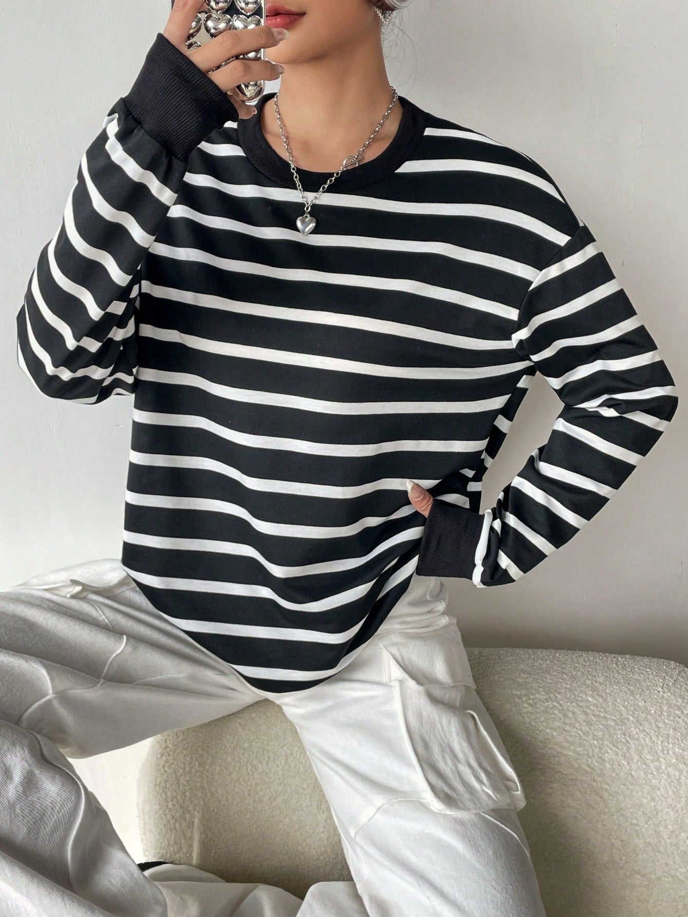 Spring White Striped Print Drop Shoulder Sweatshirt Hoodie