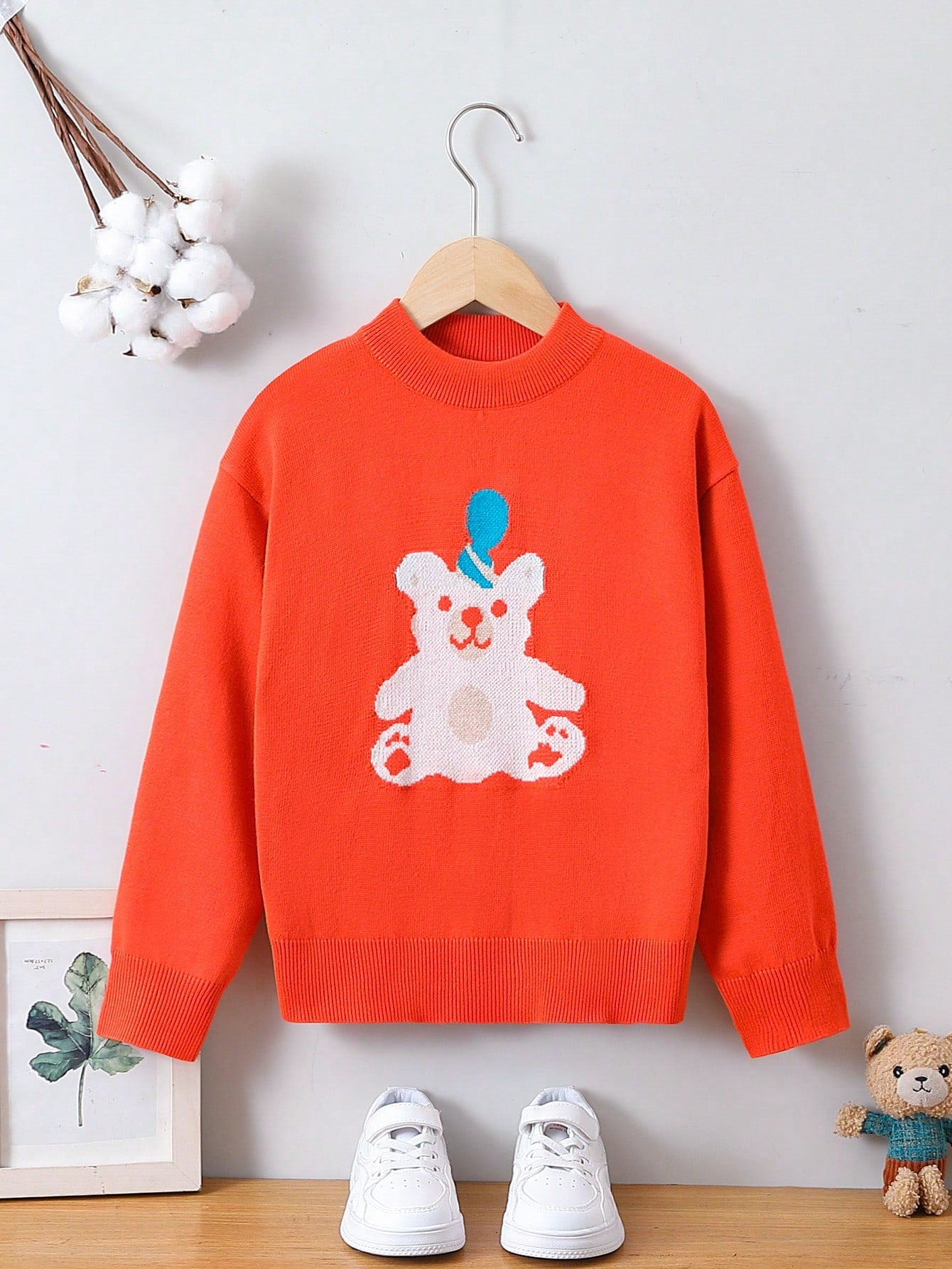 Young Girl Bear Pattern Drop Shoulder Sweater