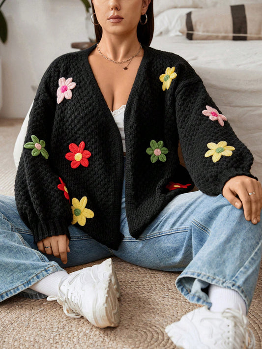 Plus Stereo Floral Drop Shoulder Open Front Cardigan