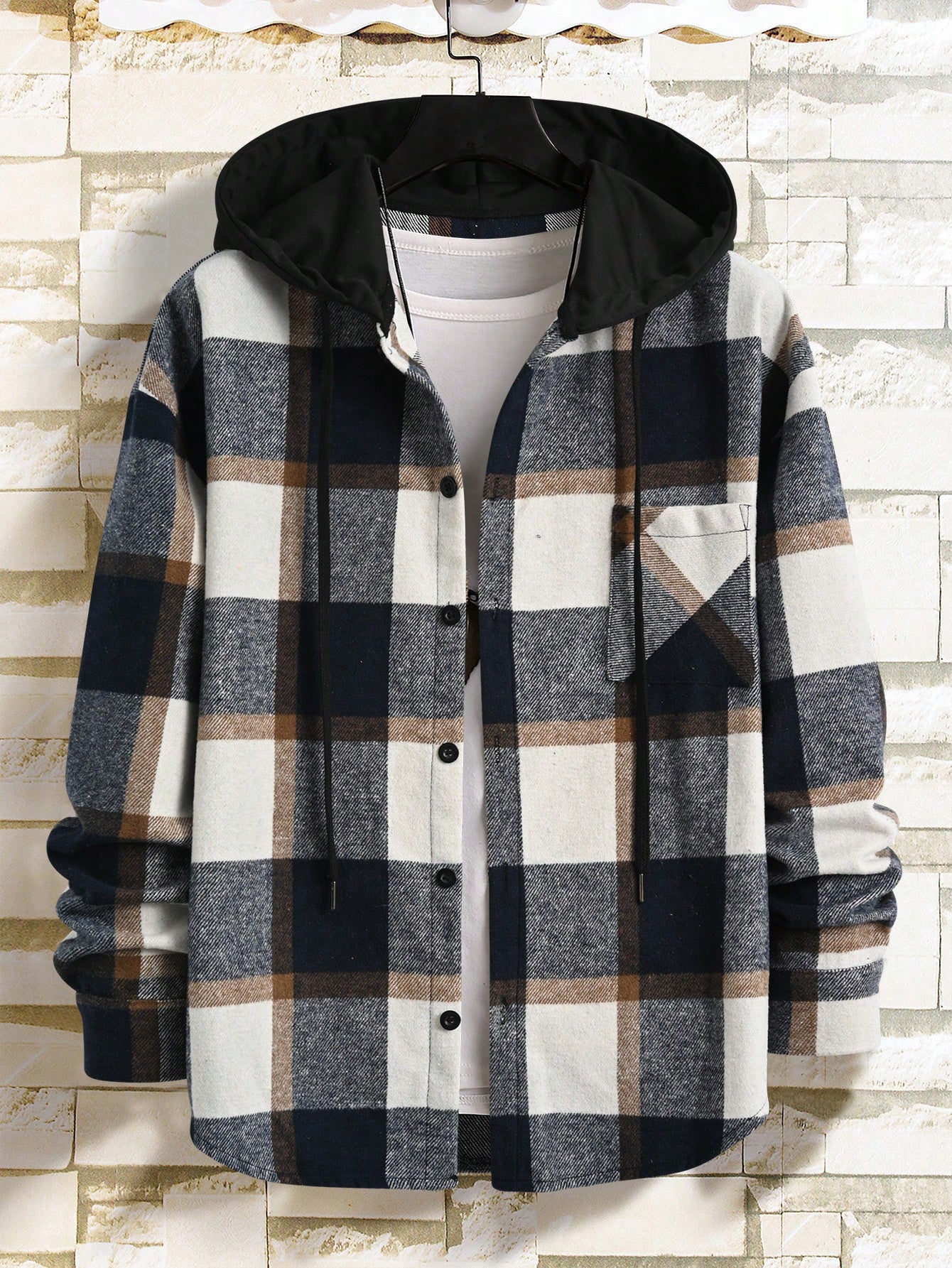 Men Plaid Print Hooded Shacket Without Tee