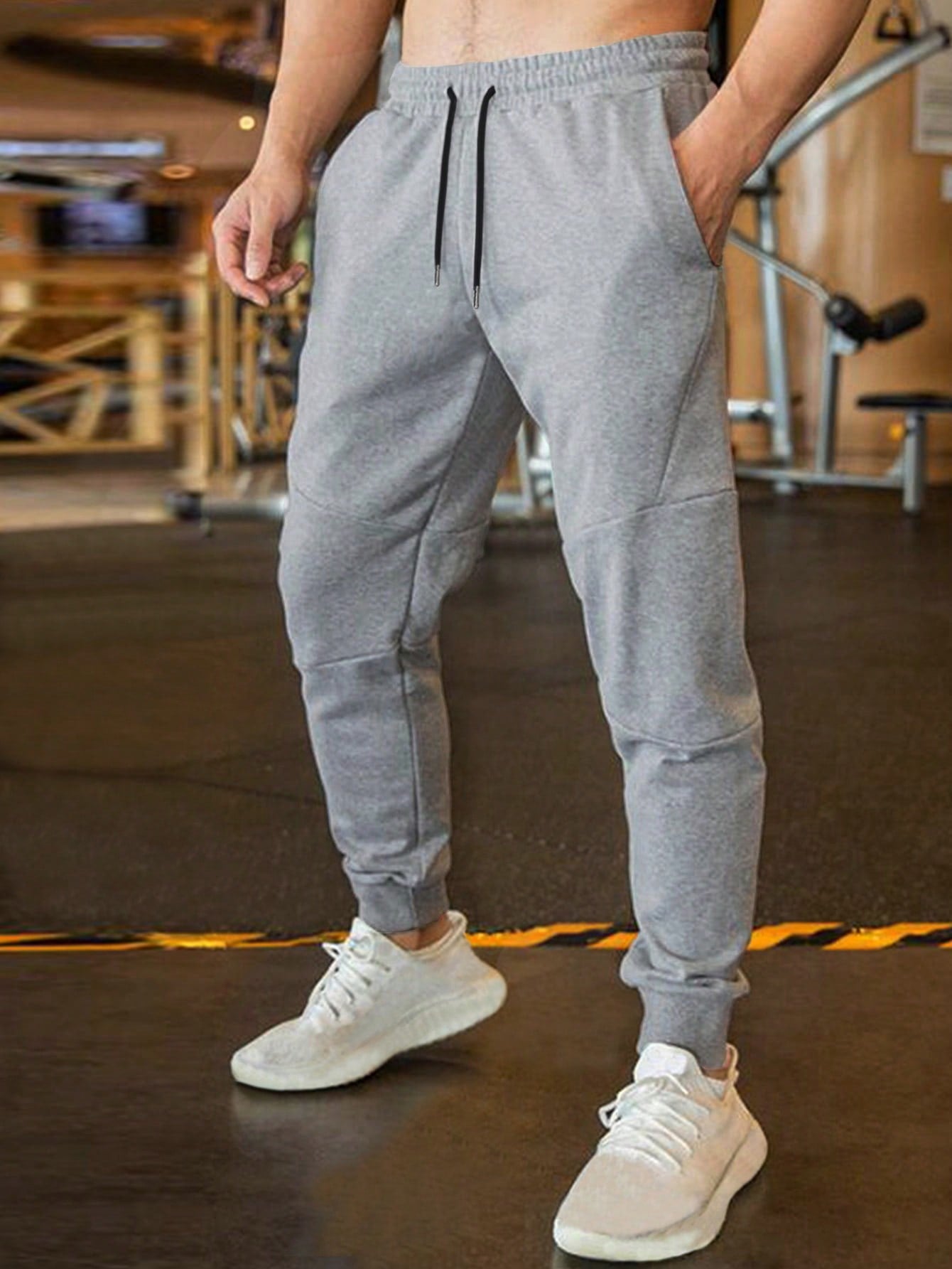 Men Drawstring Waist Solid Sweatpants Long Sweat Pant Plain Black Gym Basic