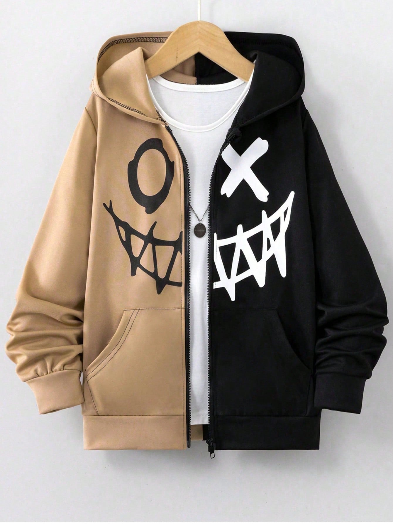 Teen Boy Expression Print Two Tone Zip Up Hoodie Without Tee