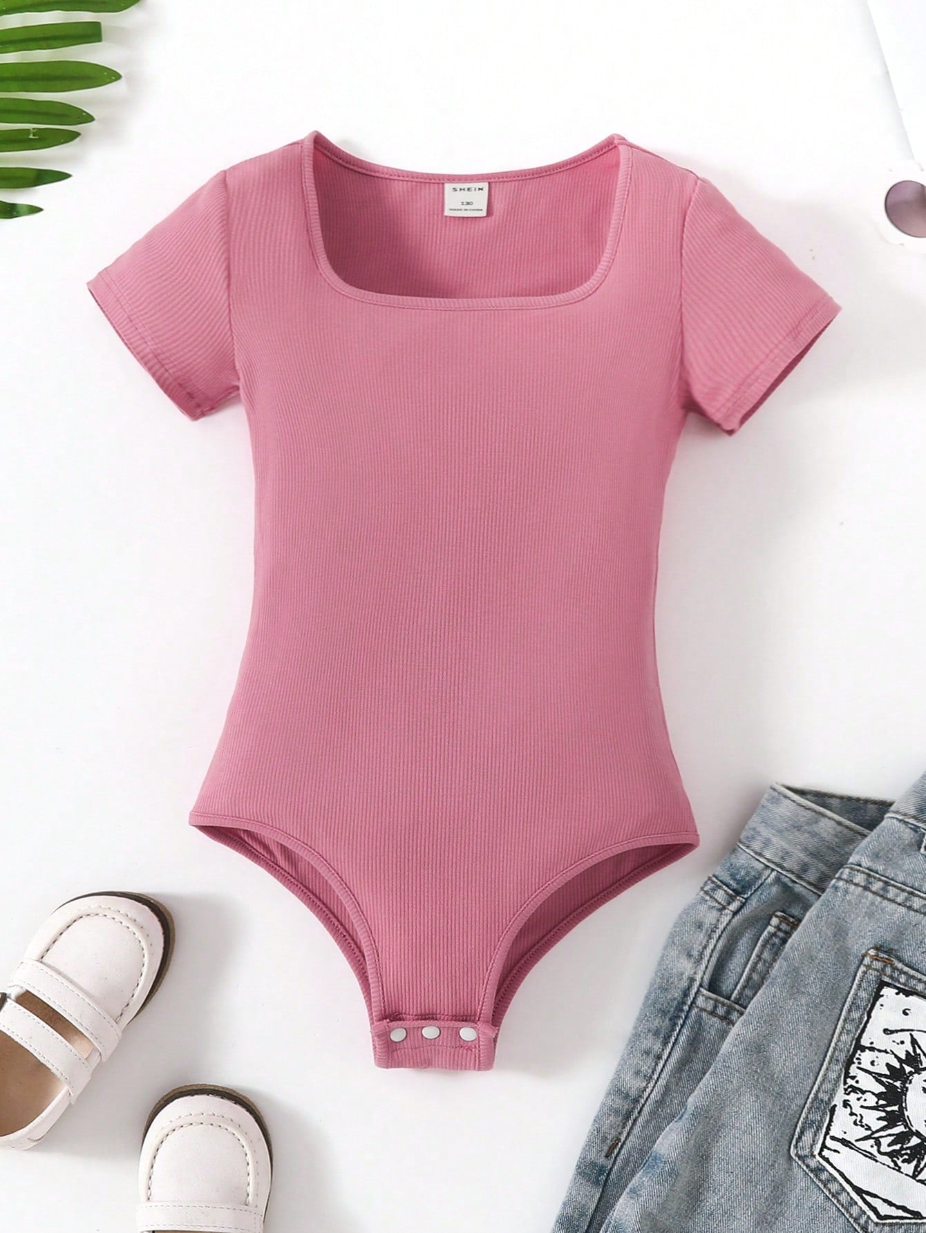 Tween Girl Solid Color Knitted Bodysuit, Cute And Sweet Pink Round Neck Casual Style For Spring And Summer