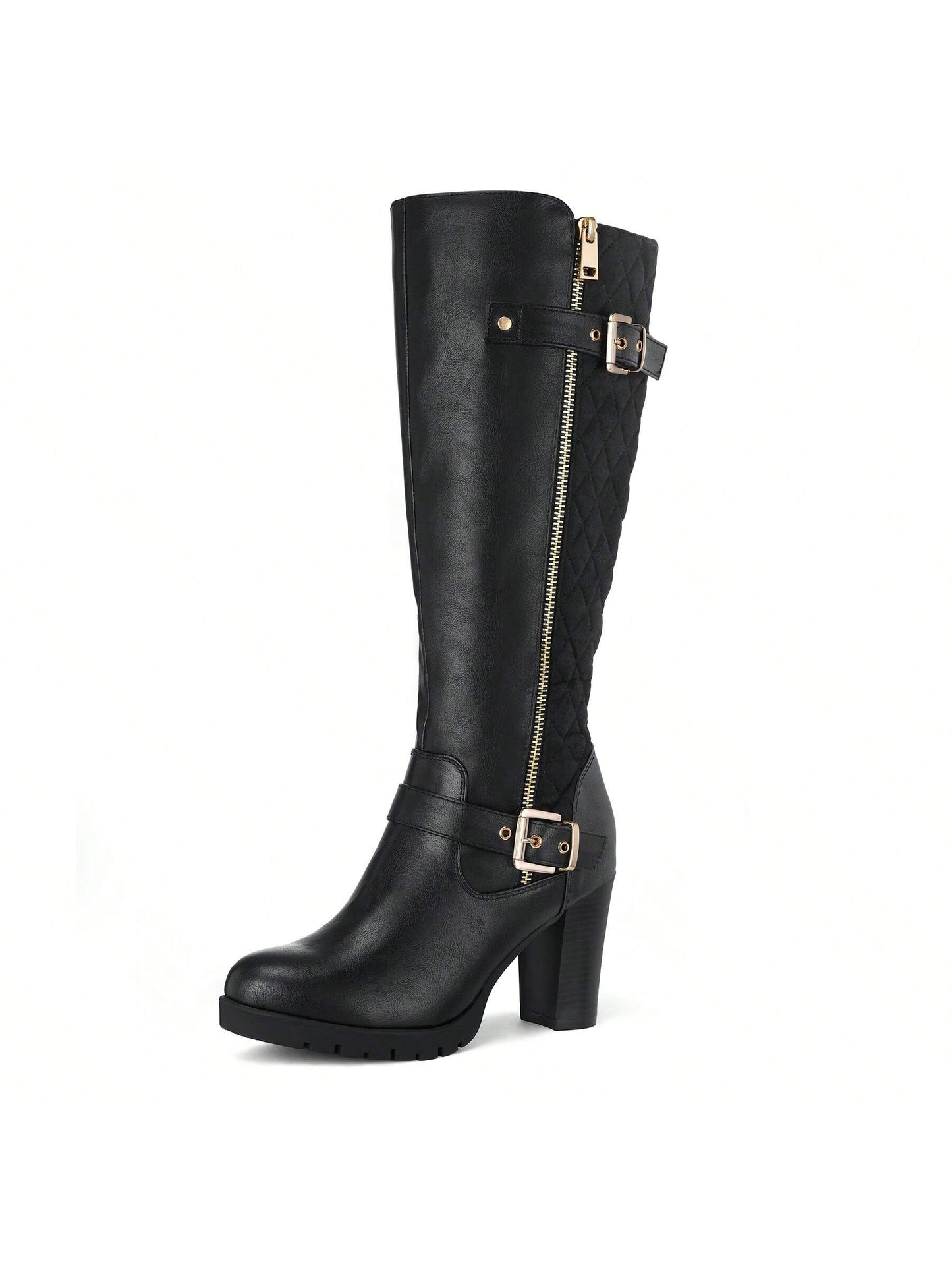 Women's Knee High Boots Fashion Chunky Block Heel Warm Winter Boots With Side Zippers