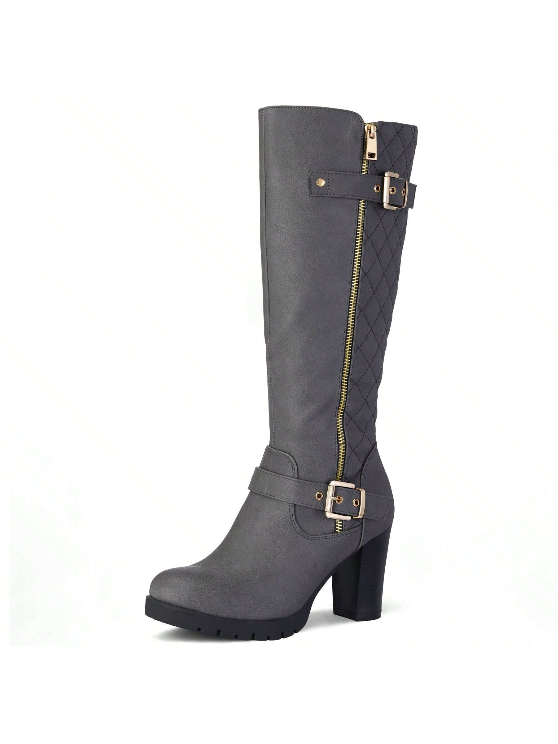 Women's Knee High Boots Fashion Chunky Block Heel Warm Winter Boots With Side Zippers