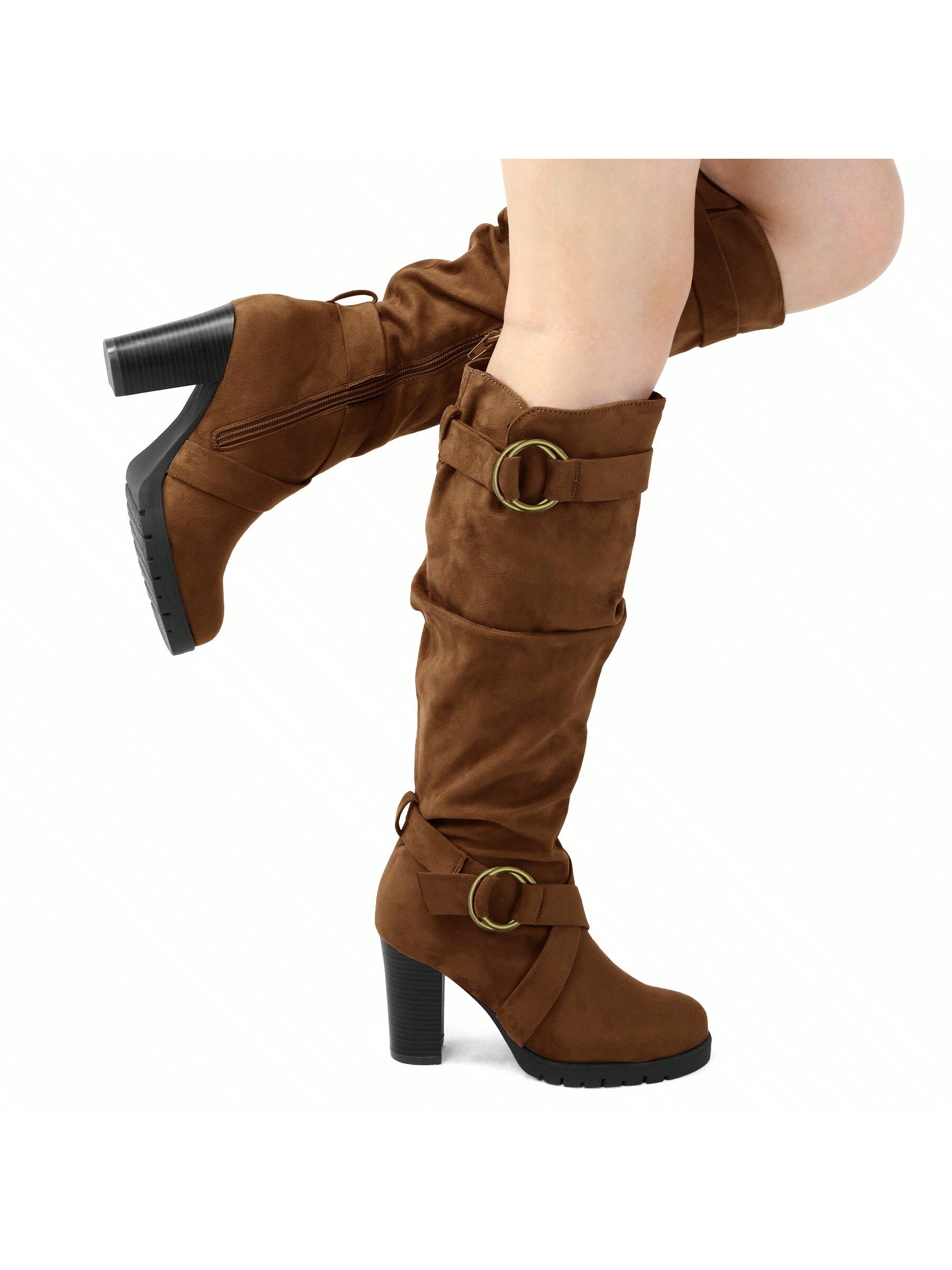 Women's Knee High Boots Fashion Chunky Block Heel Warm Winter Boots With Side Zippers