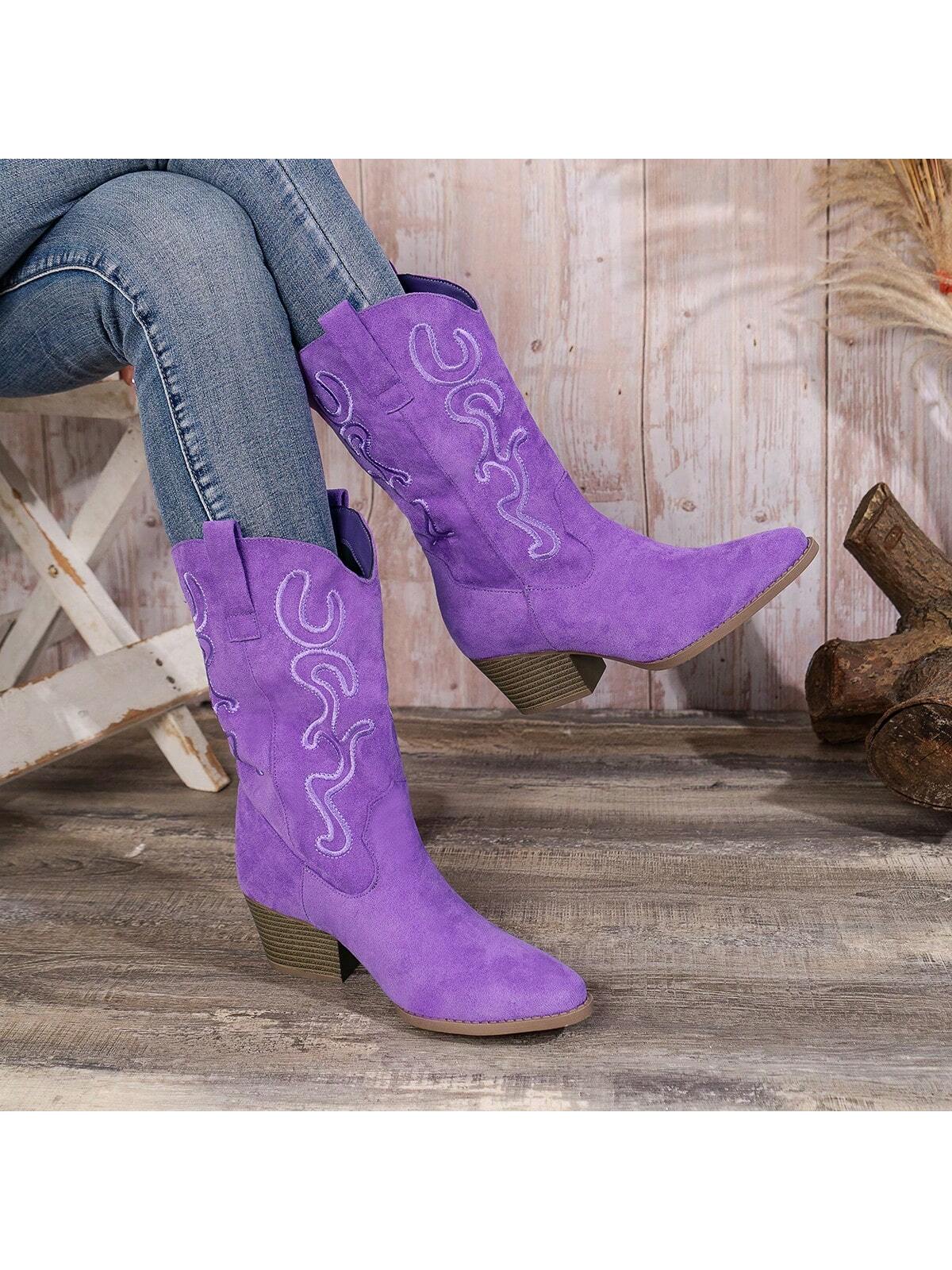 Ladies Fashionable Embroidered Wedge Heel Slip-On Mid-Calf Western Boots