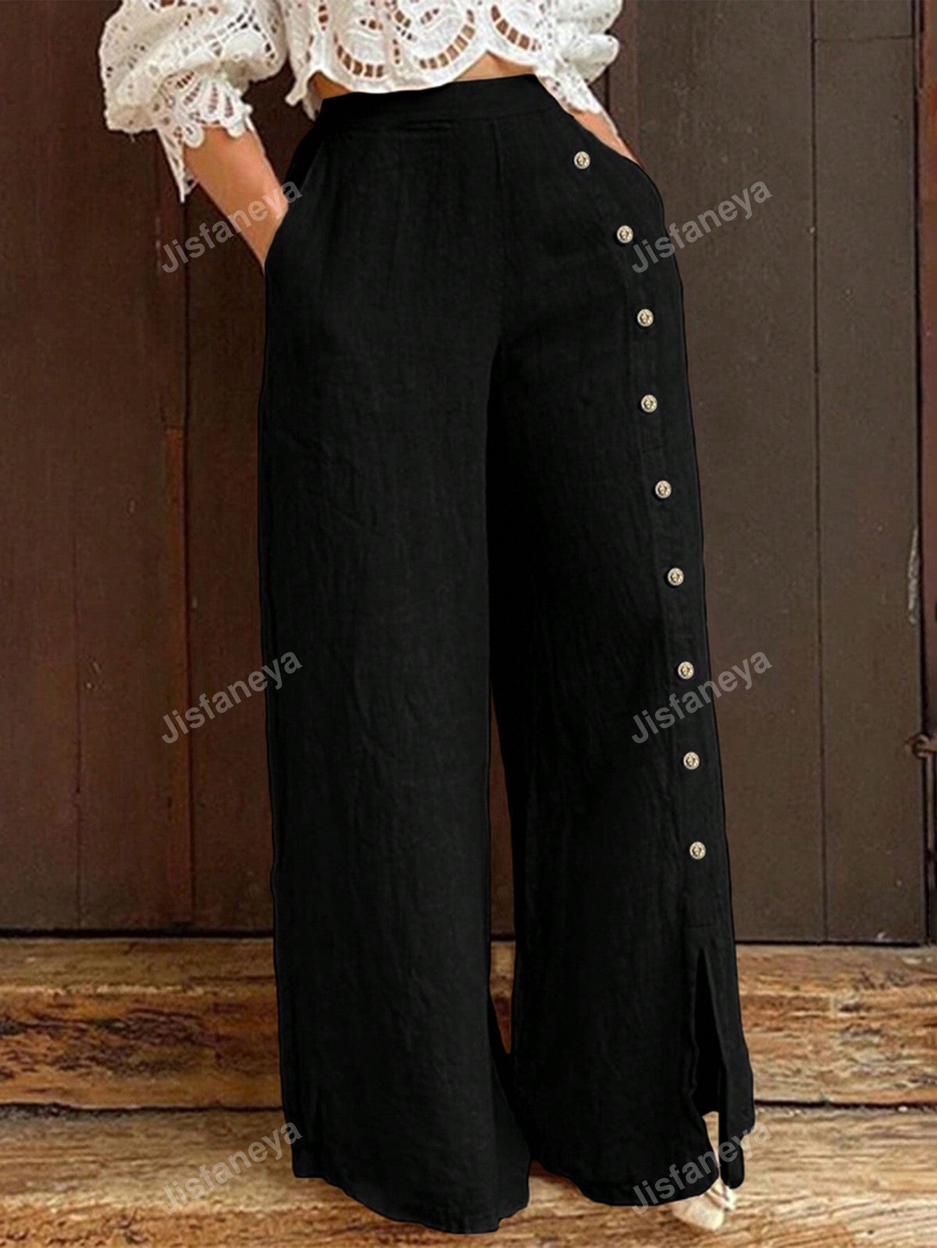 Women's Solid Color Button Closure Long Pants