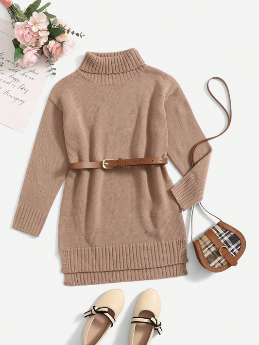 Girls Turtleneck Drop Shoulder Split Hem Belted Sweater Dress