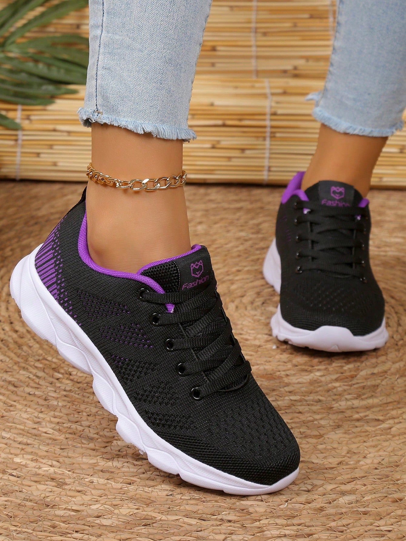 Women's Floral Lace Decor Front Tie Anti-Slip Sole Outdoor Athletic Shoes