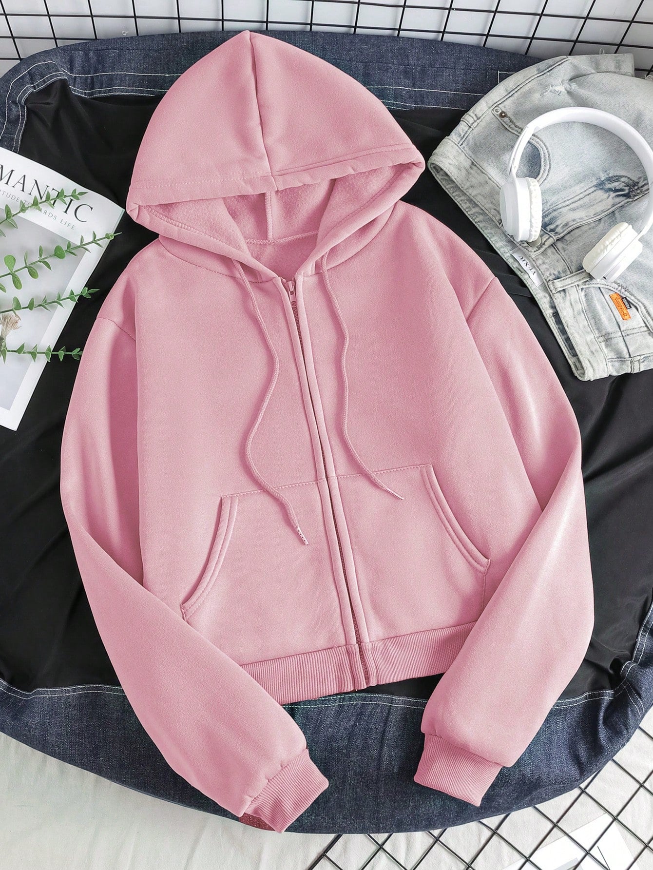 Zip Up Drawstring Thermal Lined Hoodie