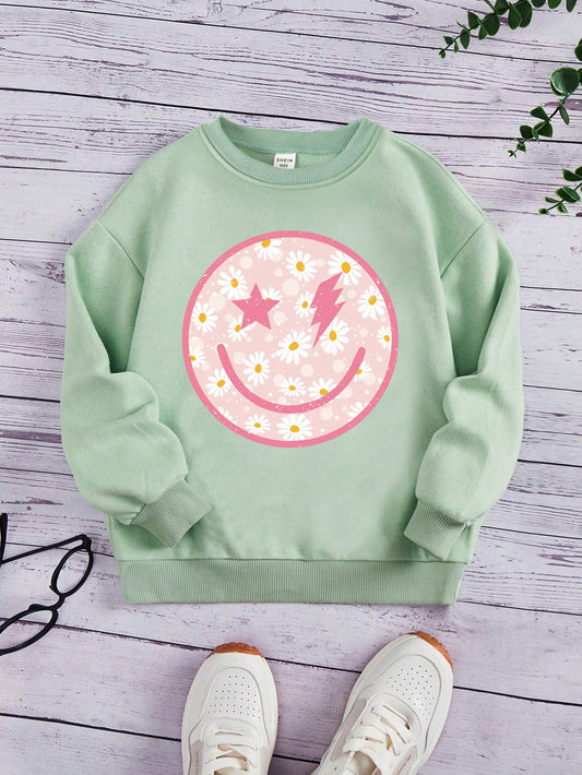 Young Girl Floral & Cartoon Graphic Thermal Lined Pullover