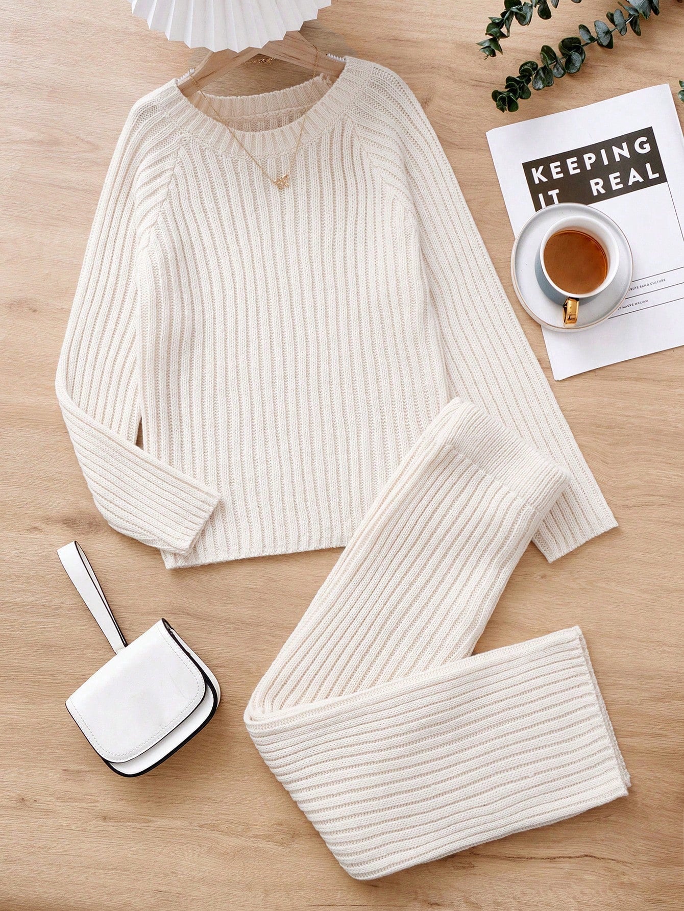 Tween Girl Solid Ribbed Knit Sweater & Knit Pants