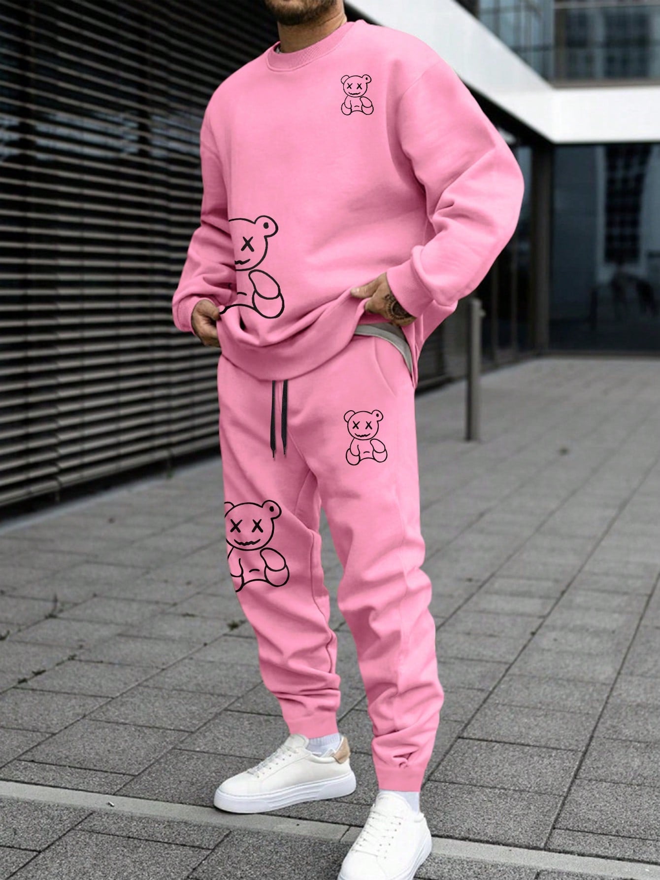 Men Bear Print Sweatshirt & Drawstring Waist Sweatpants