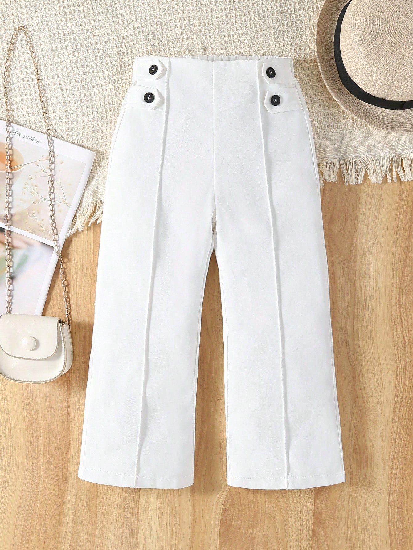 Young Girl Solid Color Button Closure Straight Leg Pants