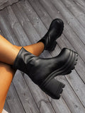 Women's Casual Slip-on High Heel Platform Fashion Boots Elastic Pu Leather Mid-calf Black Boots