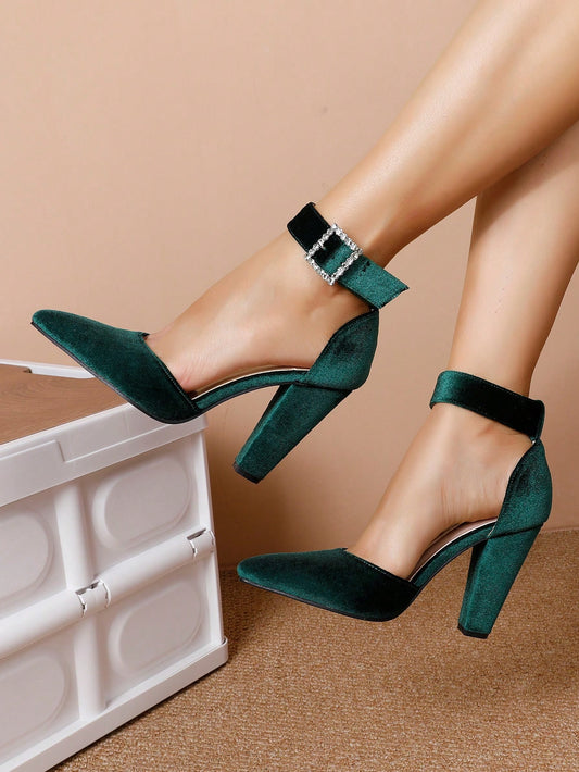 Women's Green High Heel Pointed Toe Hollow-out Rhinestone Strap Pumps