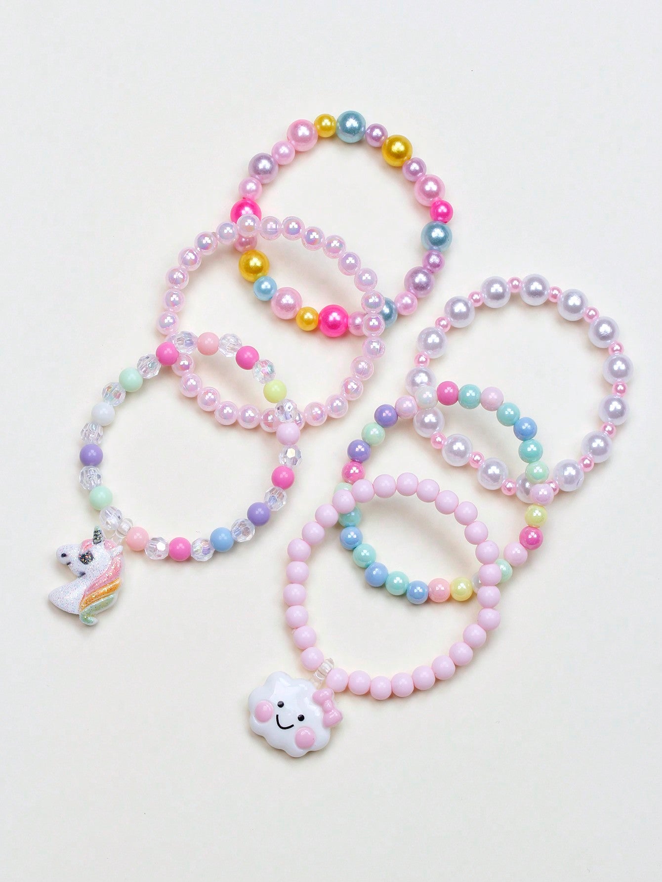 6pcs/set Girls' Lovely Rainbow Hearts & Cloud Shaped Bead Bracelets With Pendant For Everyday Wear, Color Random