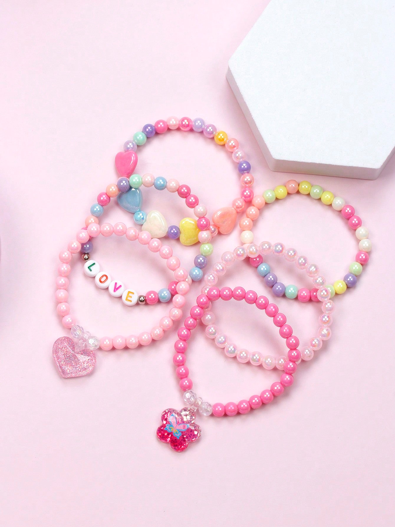 6pcs/set Girls' Lovely Rainbow Hearts & Cloud Shaped Bead Bracelets With Pendant For Everyday Wear, Color Random