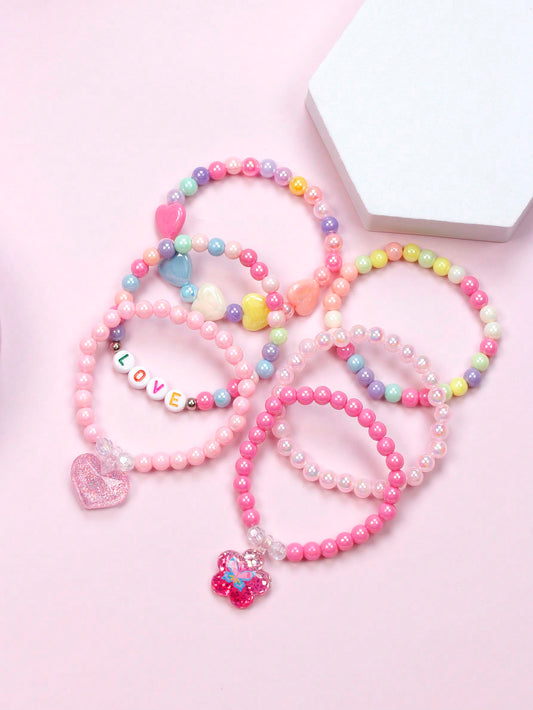 6pcs Girls' Lovely Flower & Peach Heart Shaped Pendant Beaded Charm Bracelets Set For Daily Wear (color Random)