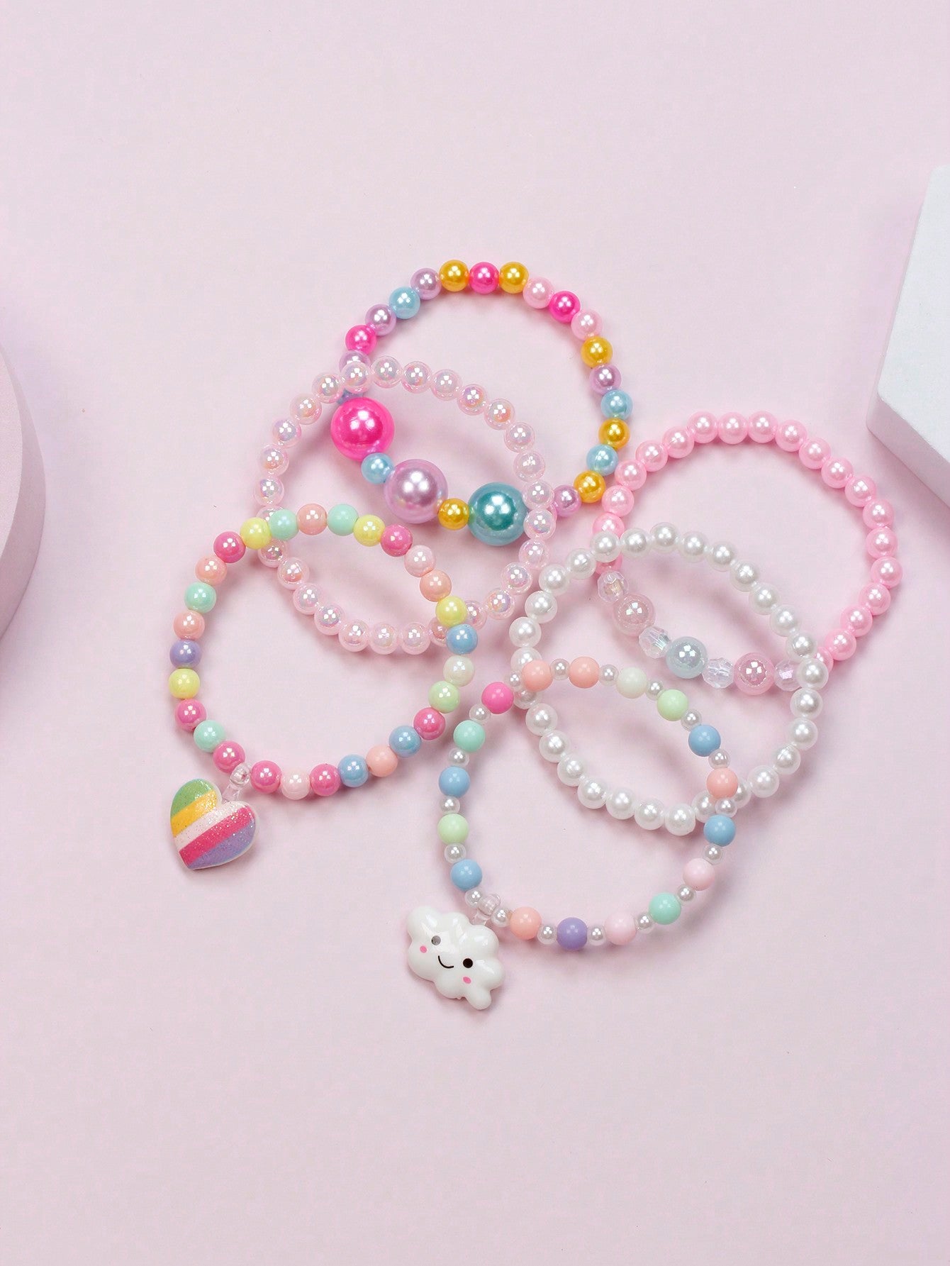 6pcs/set Girls' Lovely Rainbow Hearts & Cloud Shaped Bead Bracelets With Pendant For Everyday Wear, Color Random