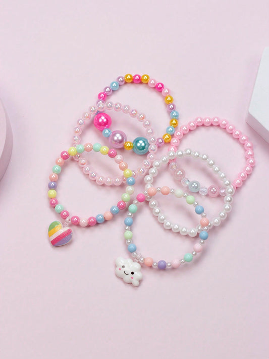 6pcs/set Girls' Lovely Rainbow Hearts & Cloud Shaped Bead Bracelets With Pendant For Everyday Wear, Color Random