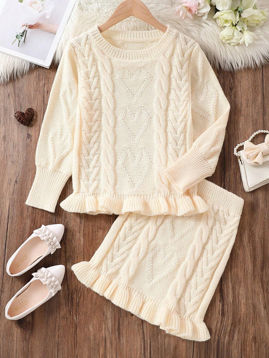 Tween Girl Cable Knit Ruffle Hem Sweater & Skirt