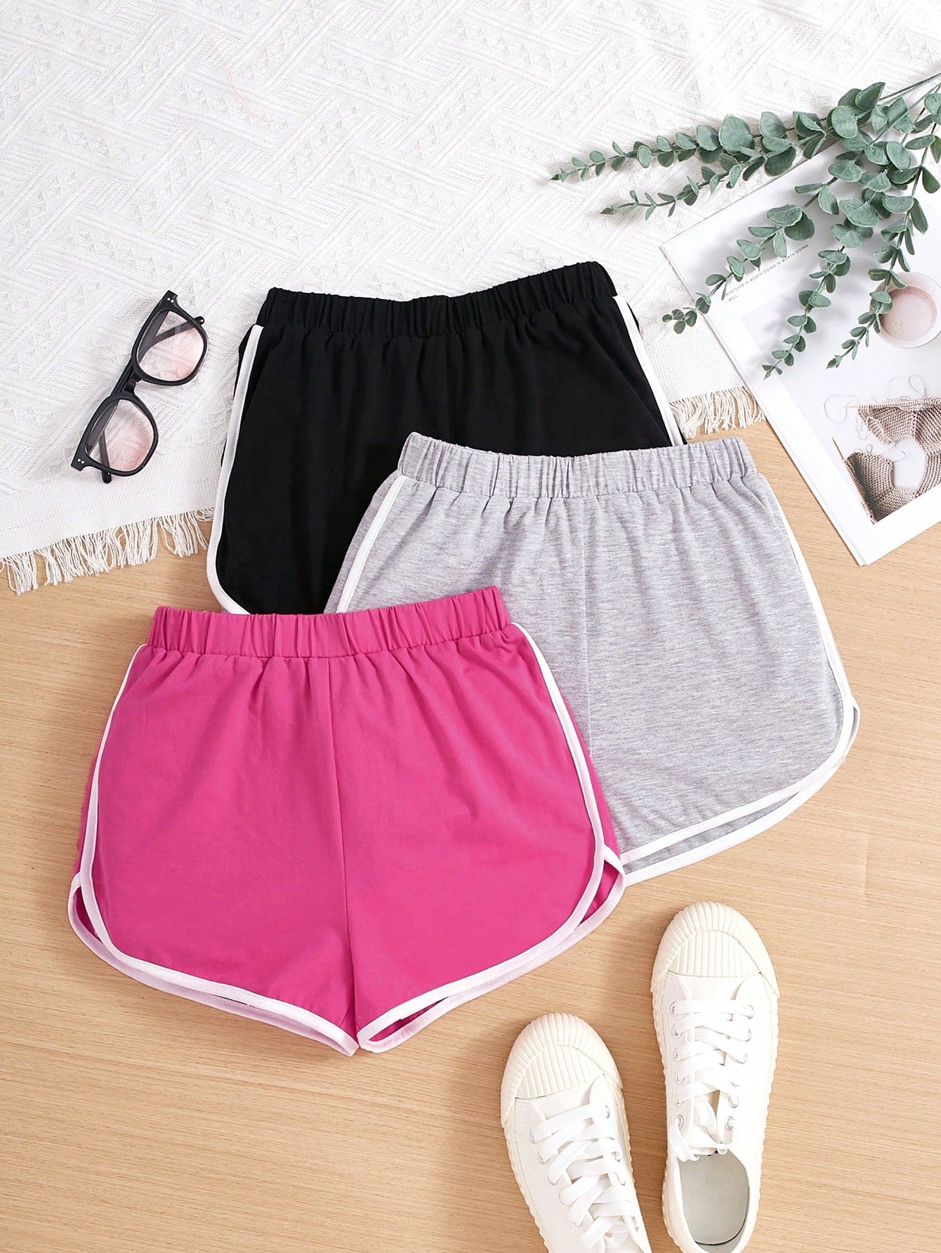 3pcs/Set Knitted Color-Block Loose-Fit Shorts With Contrast Hem For Tween Girls