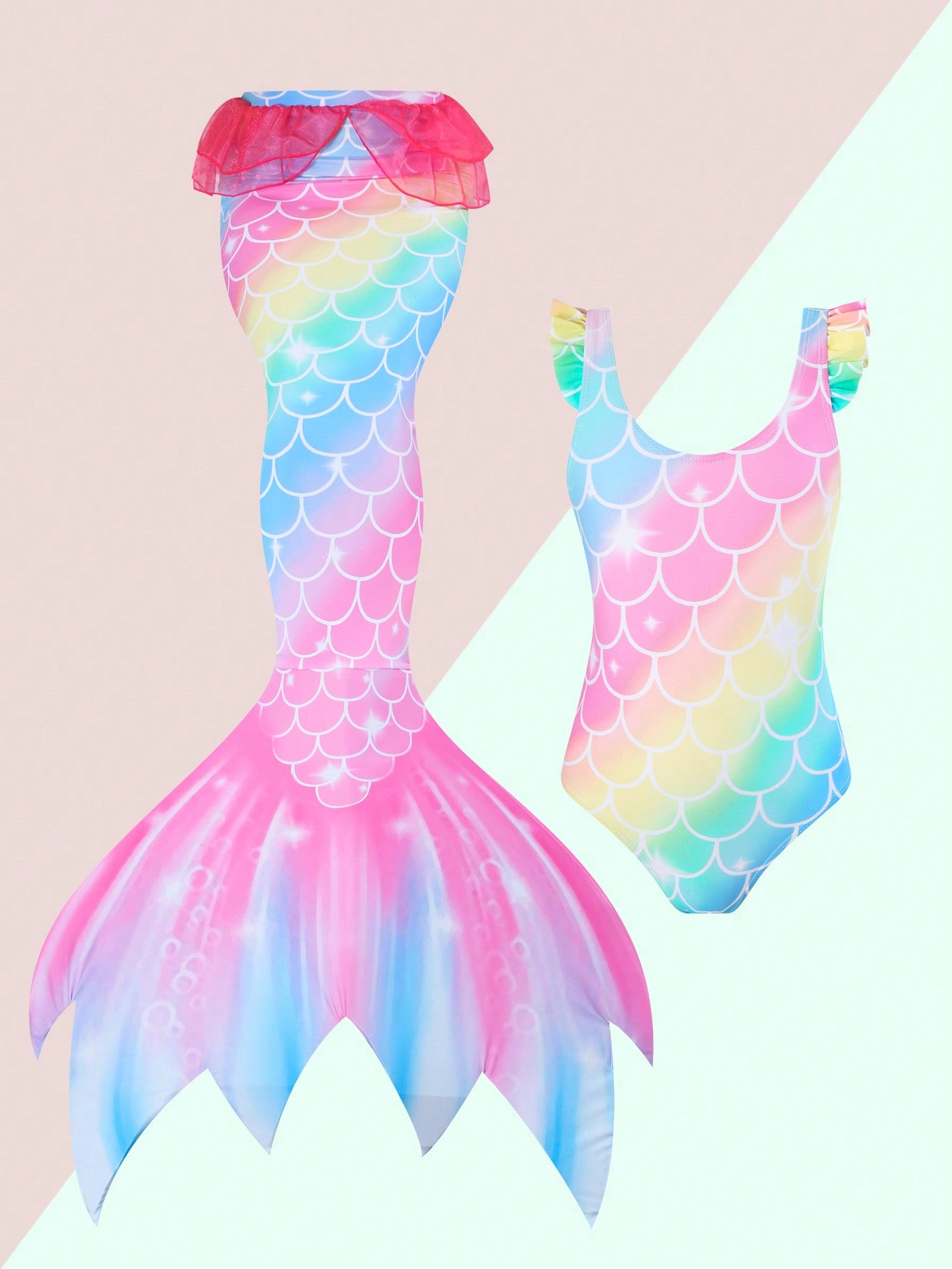 Young Girls' Mermaid Scale Printed One-Piece Swimsuit With Tail