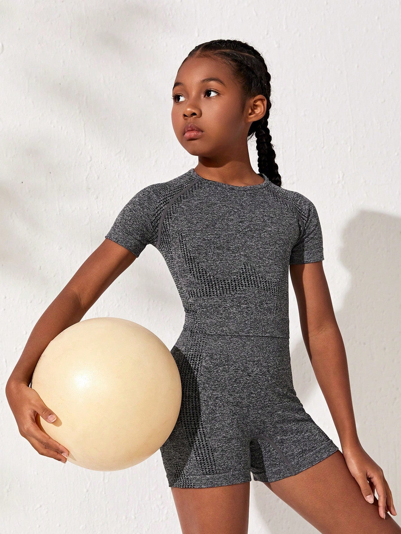 Tween Girls' Seamless Knitted T-shirt And Shorts Set For Casual Sports