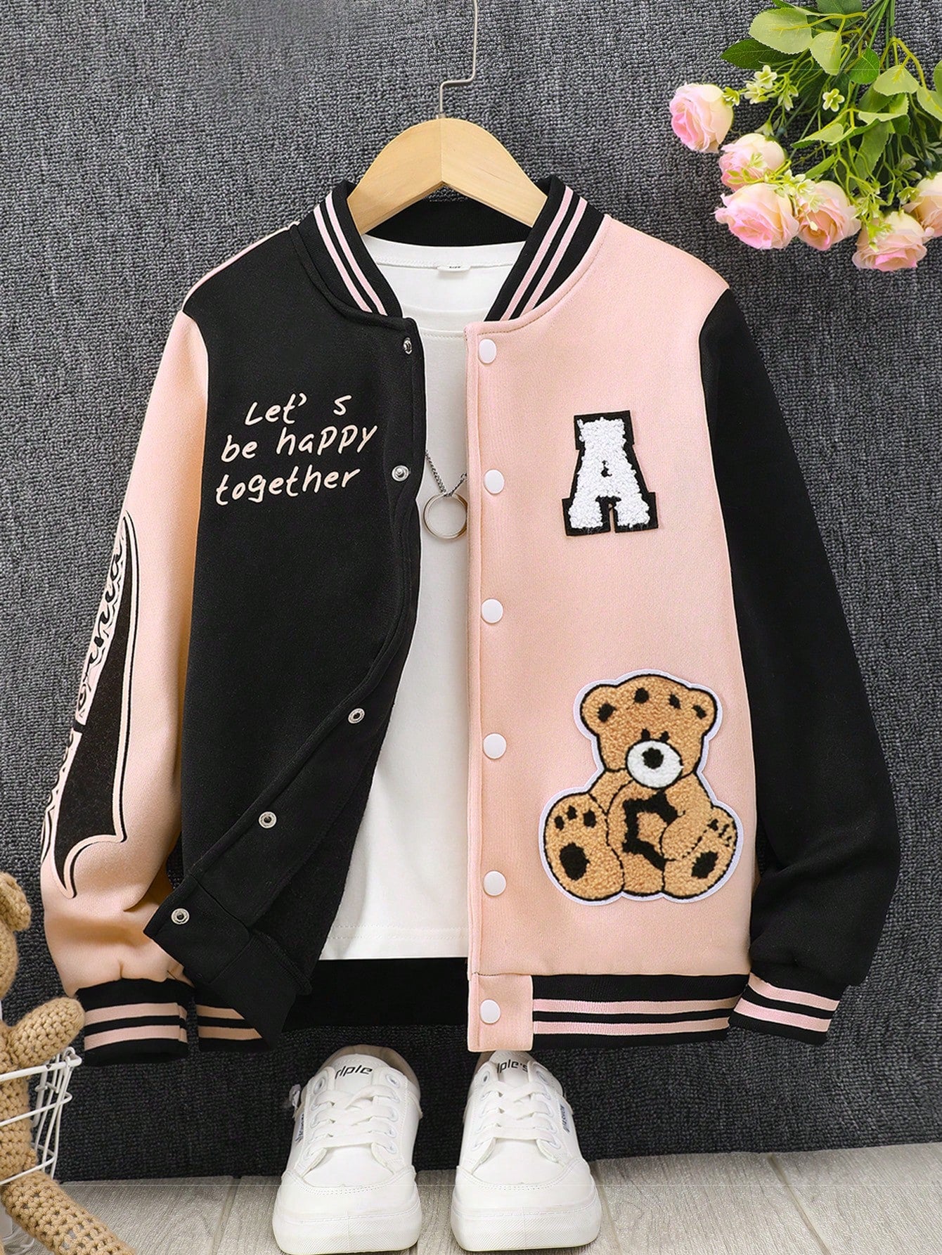 Teen Girl Spring/Autumn Casual Baseball Collar Jacket With Letter, Teddy Bear And Star Patches Long Sleeve Coat