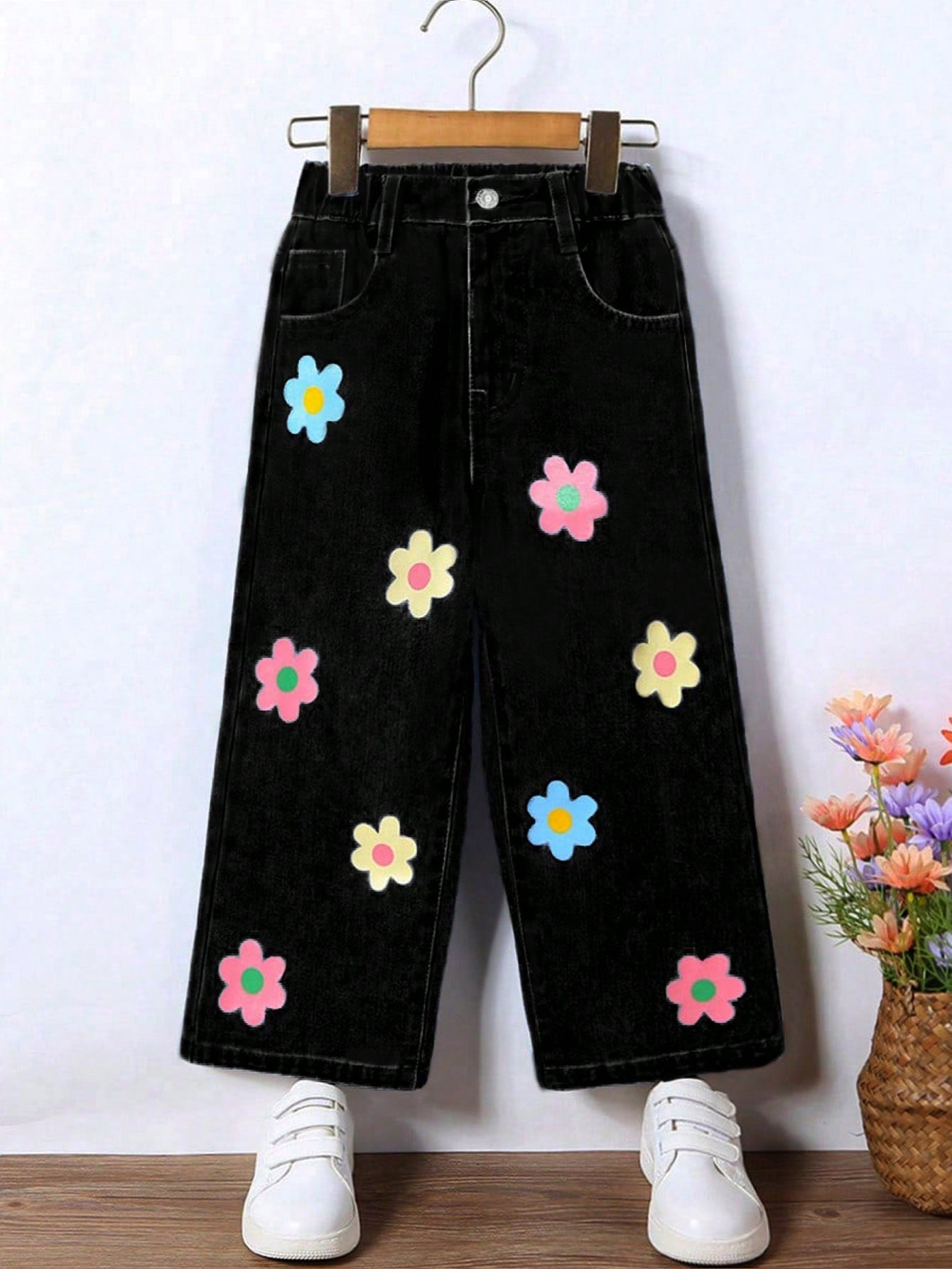 YOUNG GIRL's Street Style, Cute, Casual, Holiday, Academia, Dopamine-Colored, Flower Printed, Elastic Waistband, Wide-Leg Denim Pants, Five Pockets Design, Loose Fit, All-Season Essential Everyday Fashion Item