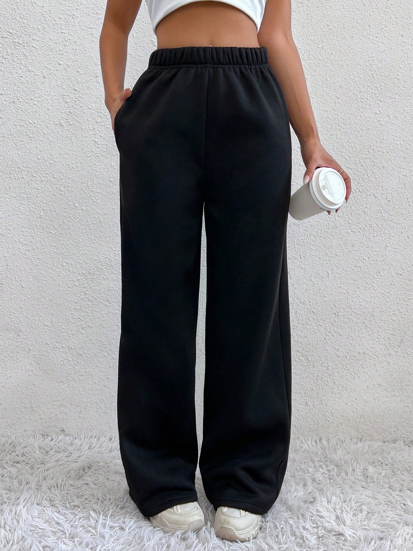 Solid Slant Pocket Wide Leg Sweatpants