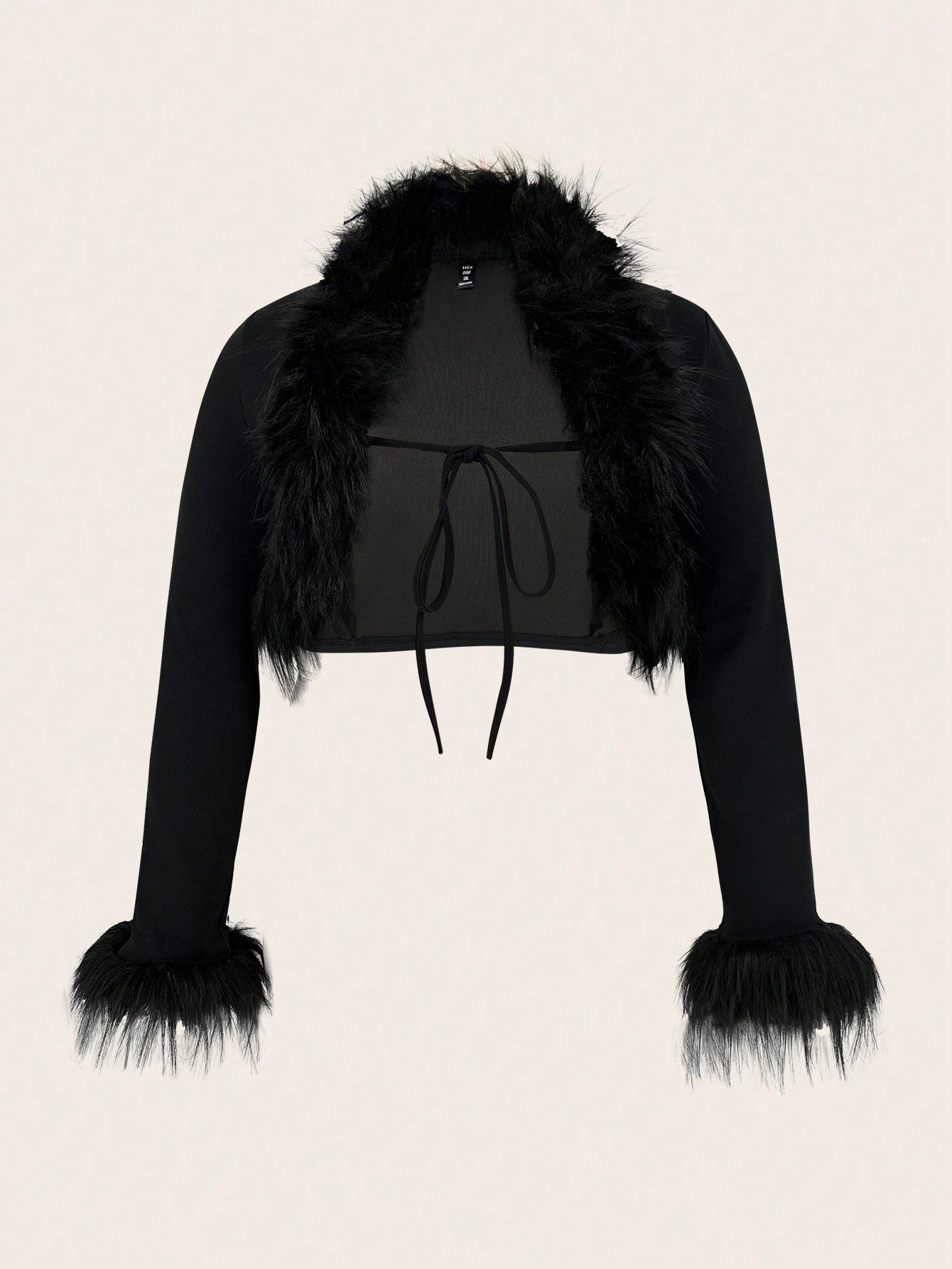 Plus Black  Y2k Fuzzy Trim Tie Front Crop Jacket