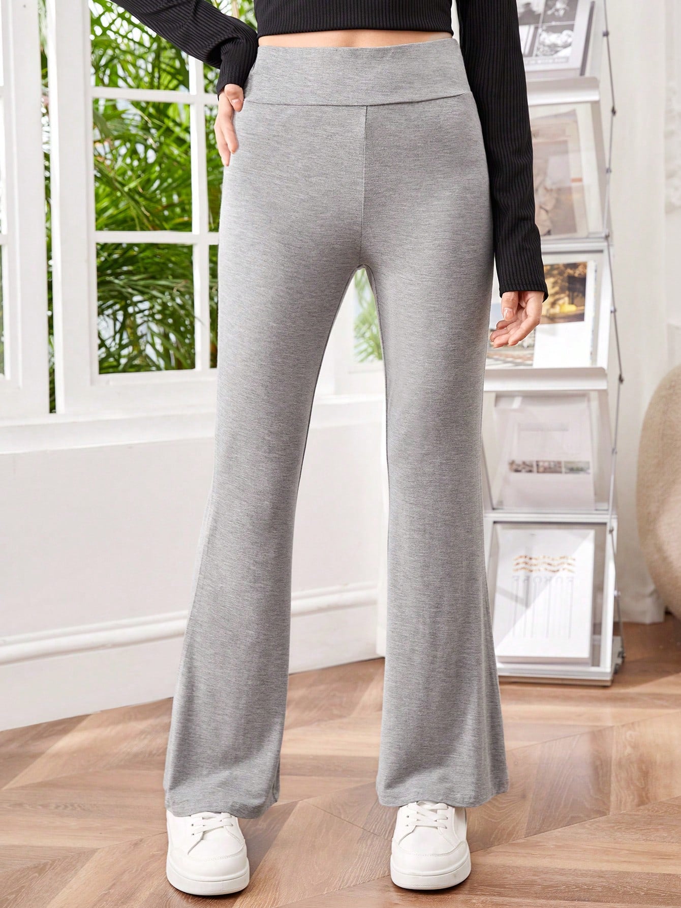 Teenage Girls' Solid Color Long High Waisted Bell Bottom Pants