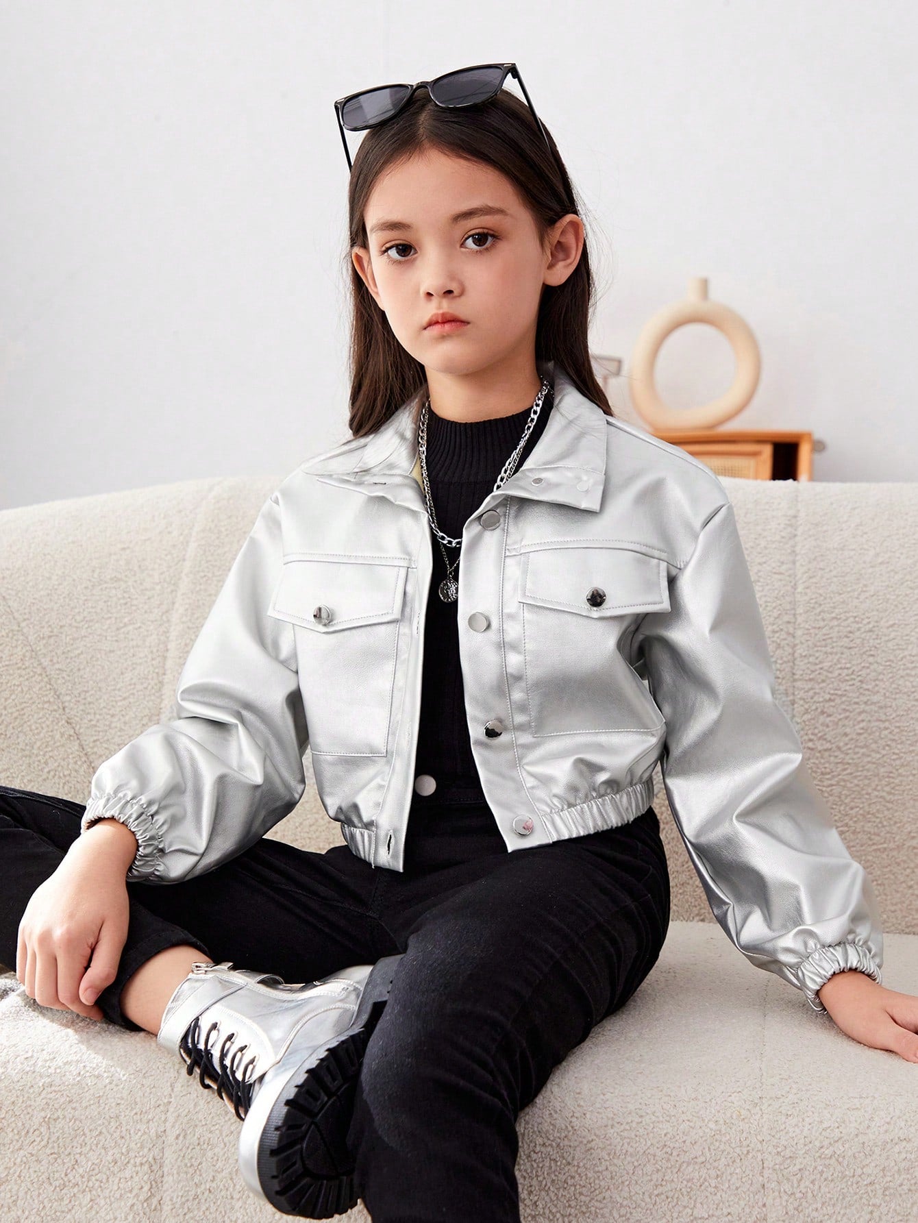 Tween Girl Zipper Pocket Collared Solid Color Pu Leather Short Jacket