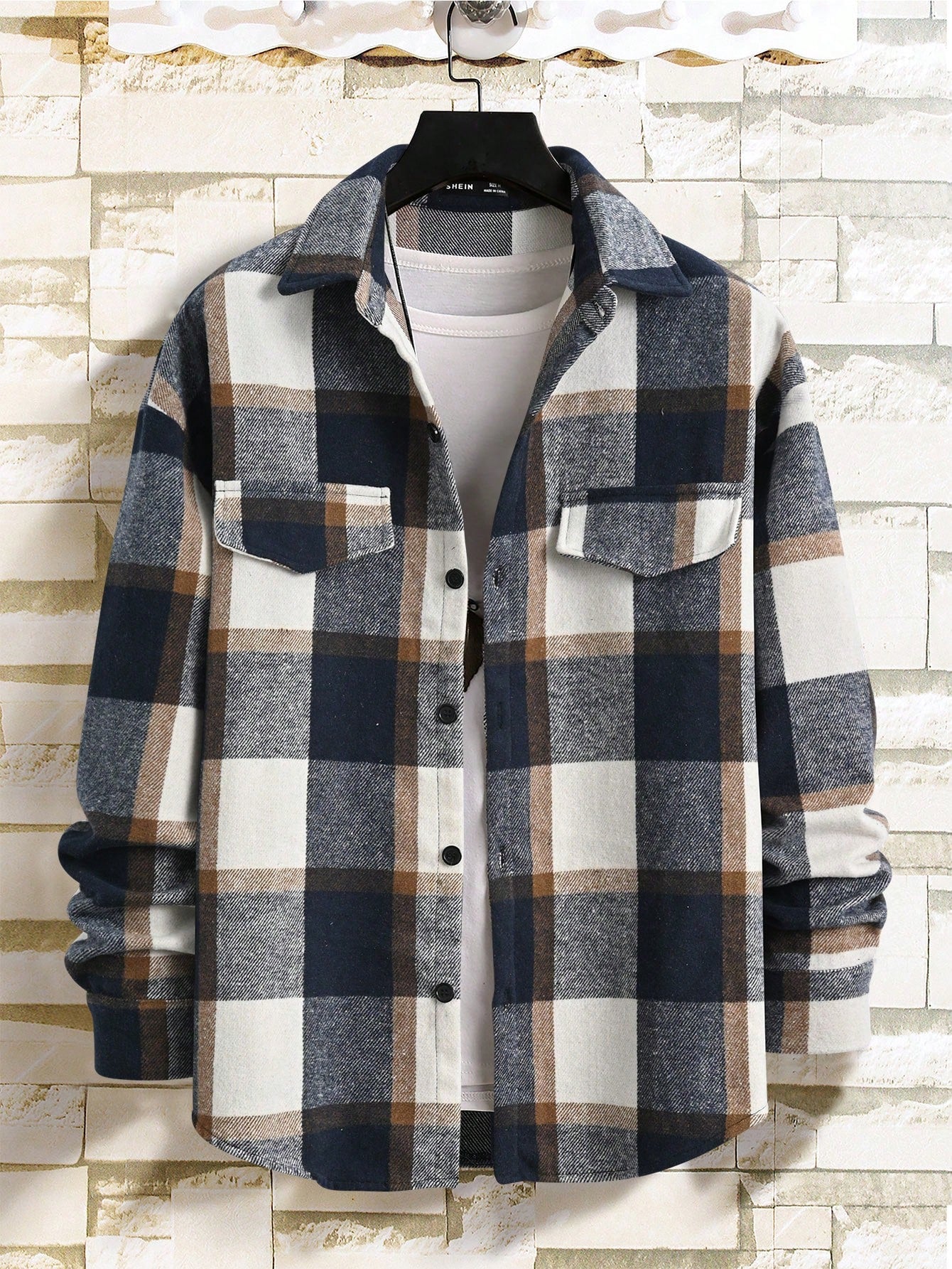 Loose Fit Men's Plaid Overcoat With Flap Detail And Drop Shoulder Design, Without Tee