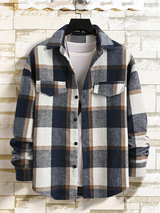 Loose Fit Men's Plaid Print Drop Shoulder Coat Without T-Shirt