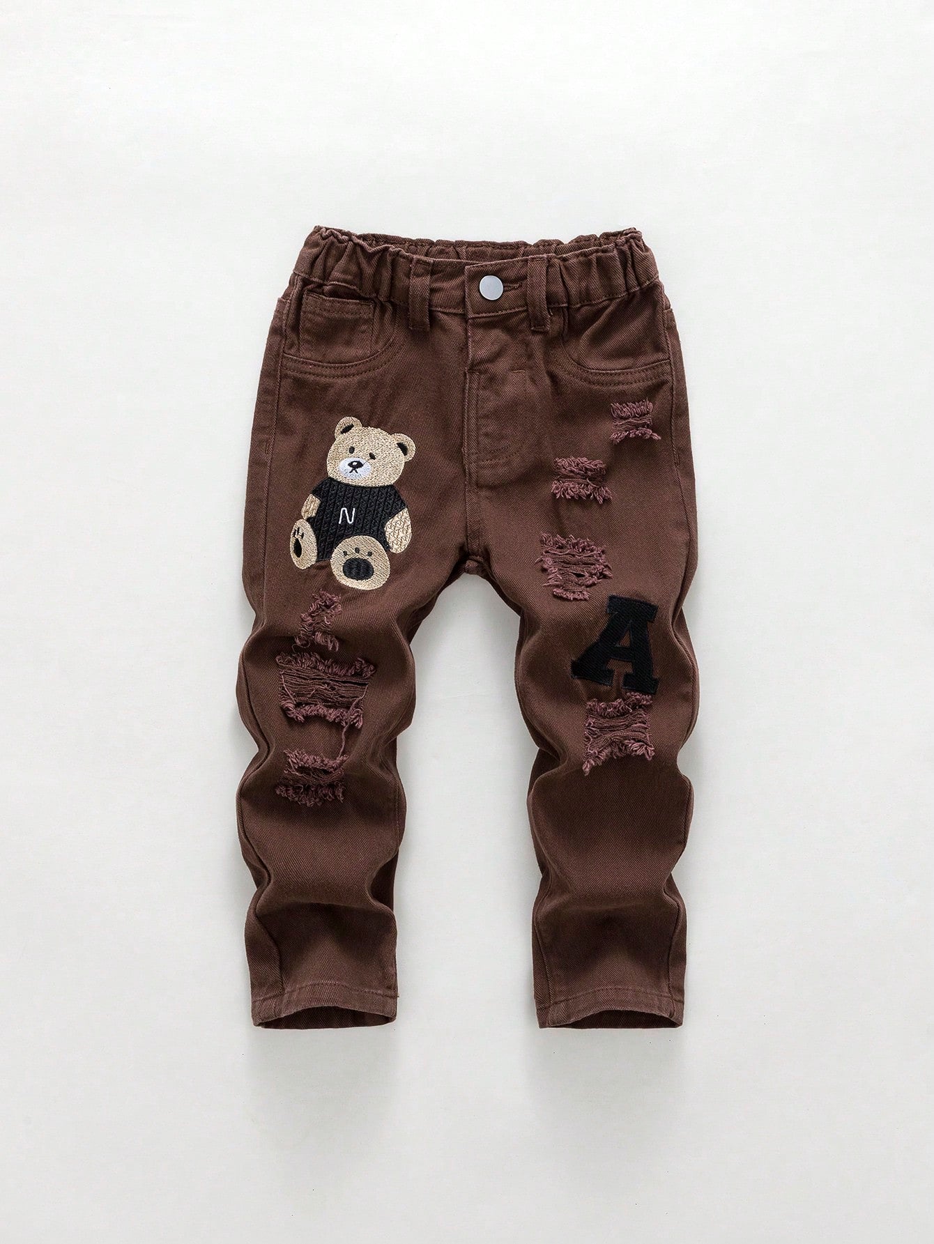 Young Boy Letter & Bear Patched Ripped Jeans