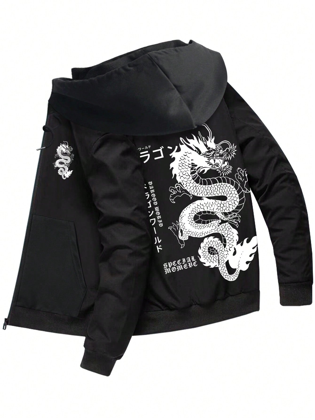 Men Chinese Dragon & Japanese Letter Graphic Hooded Jacket