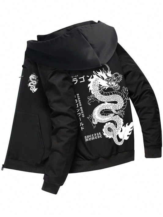 Men Chinese Dragon & Japanese Letter Graphic Hooded Jacket