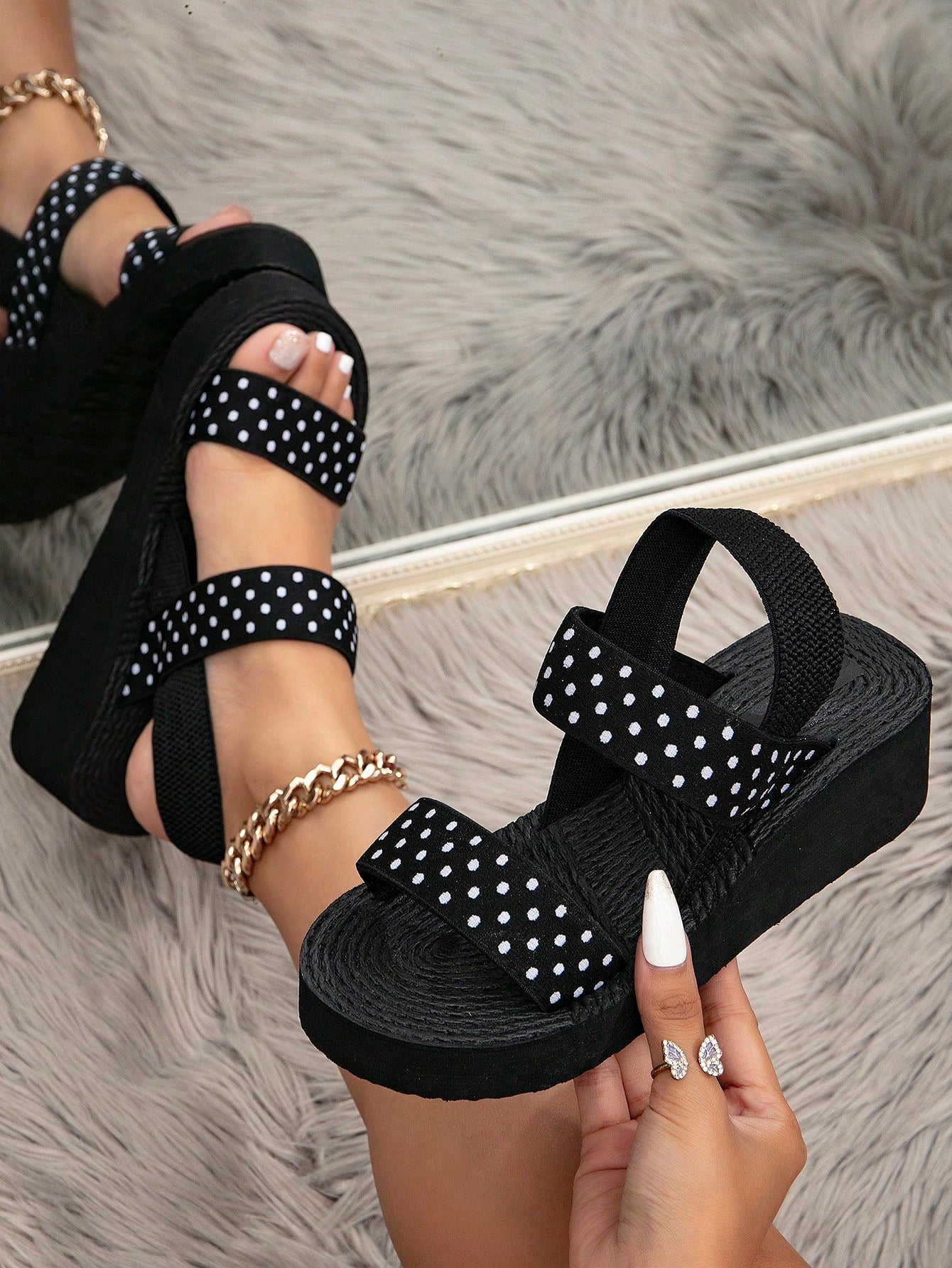 Leopard Print Black Polka Dot Fashionable Vacation Beach Wedge Heel Thick Bottom Sandals