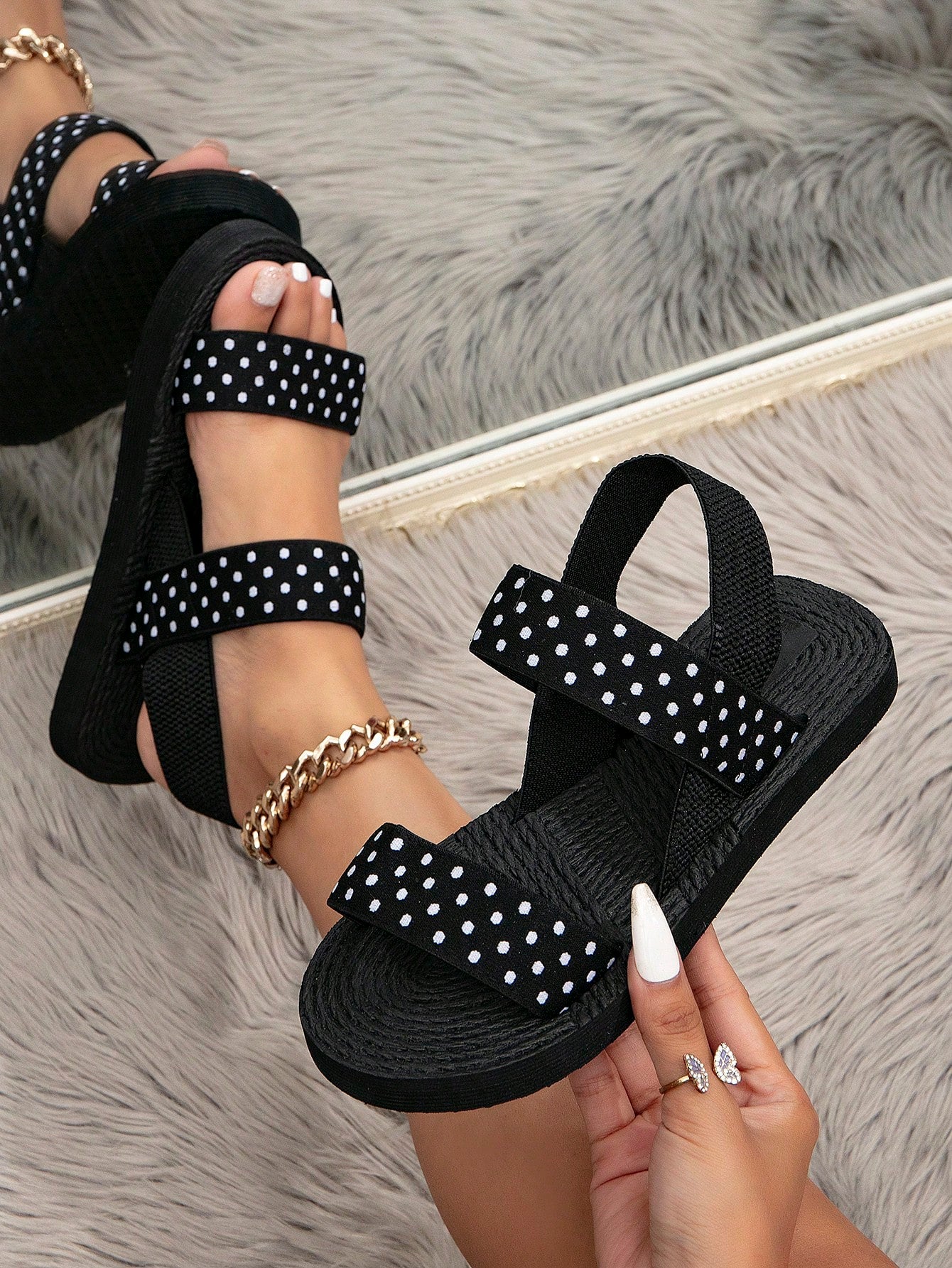 Black Fashionable Polka Dot Strap Women's Sandals For Outdoors