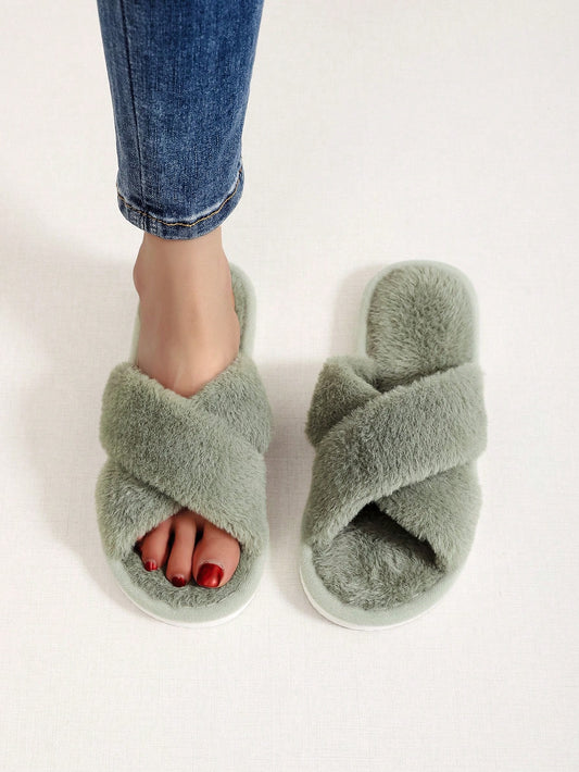 Ladies' Cross-strap Home Slippers, Suitable For Four Seasons Indoor Use, Floor Furry Slippers