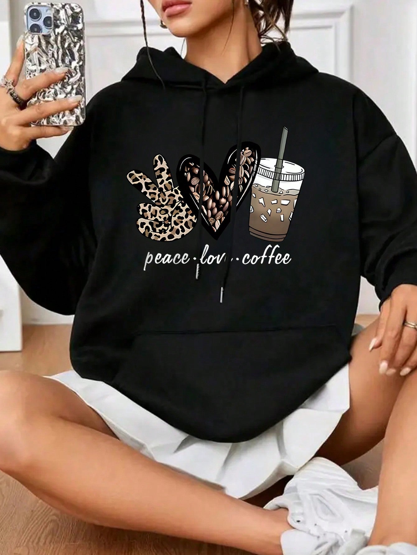 Plus Heart & Letter Graphic Kangaroo Pocket Drawstring Hoodie