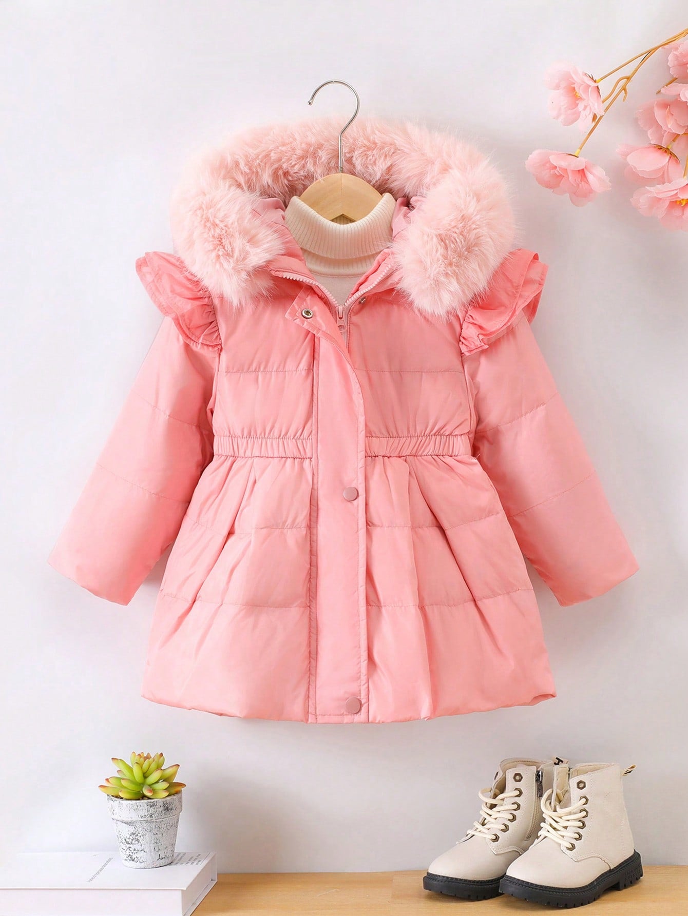 Young Girl Fuzzy Trim Hooded Puffer Coat